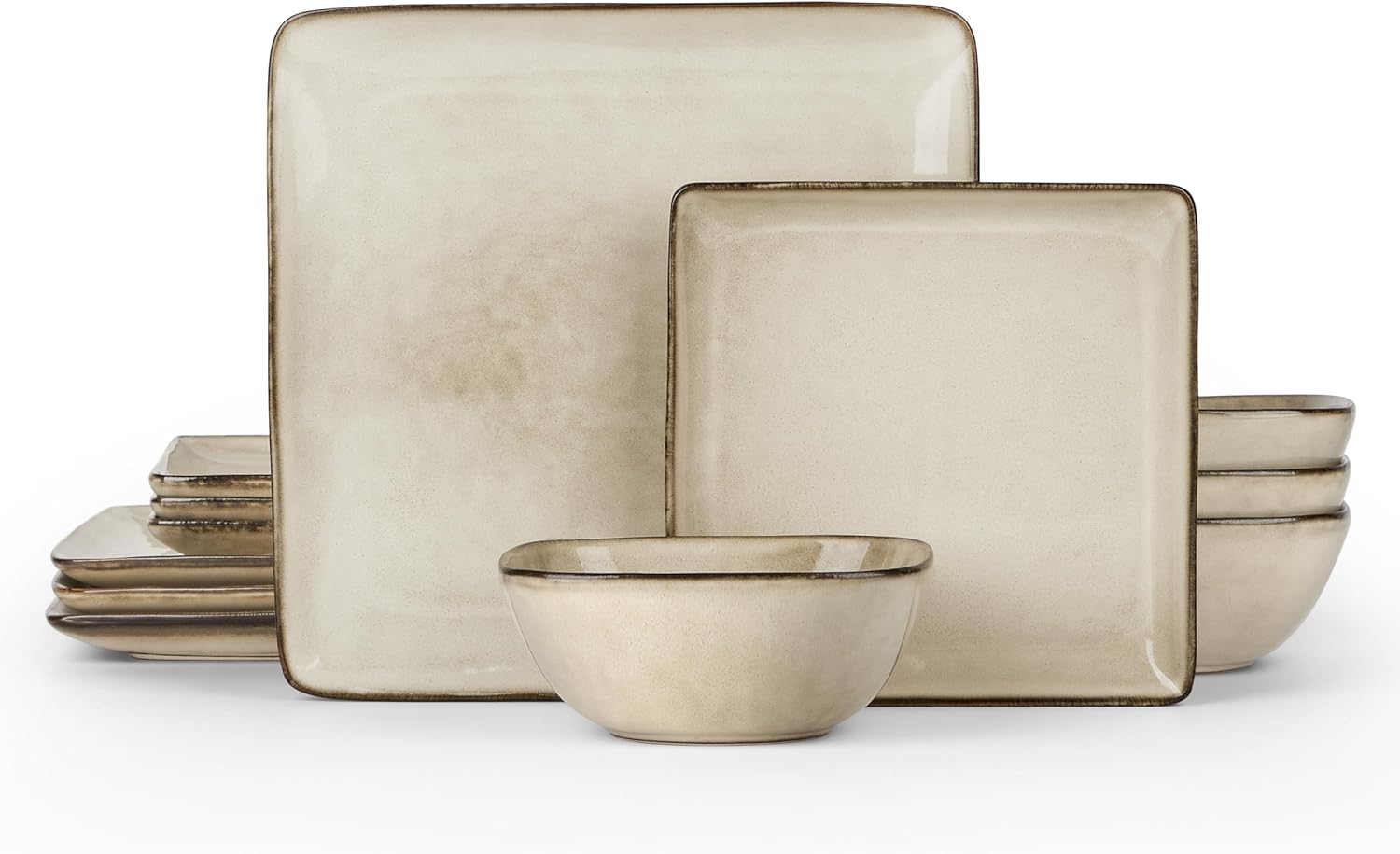 E-far Square Plates and Bowls Sets, 12-Piece Stoneware Dinnerware Sets for 4, Reactive Glaze Dish Set, Chip and Scratch Resistant, Microwave and Dishwasher Safe, Sandy Beige