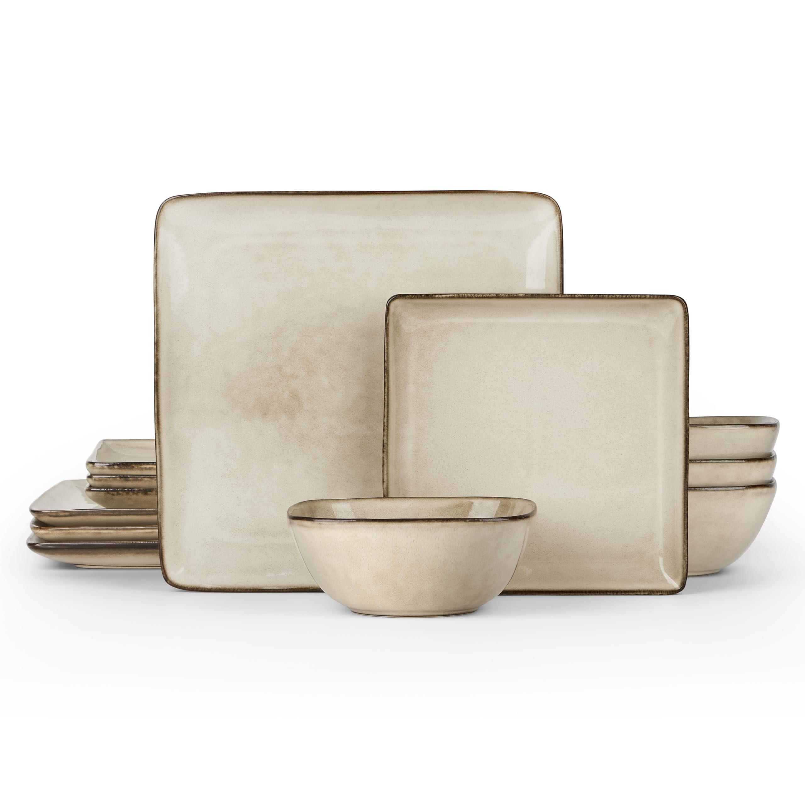 E-far Square Plates and Bowls Sets, 12-Piece Stoneware Dinnerware Sets for 4, Reactive Glaze Dish Set, Chip and Scratch Resistant, Microwave and Dishwasher Safe, Sandy Beige