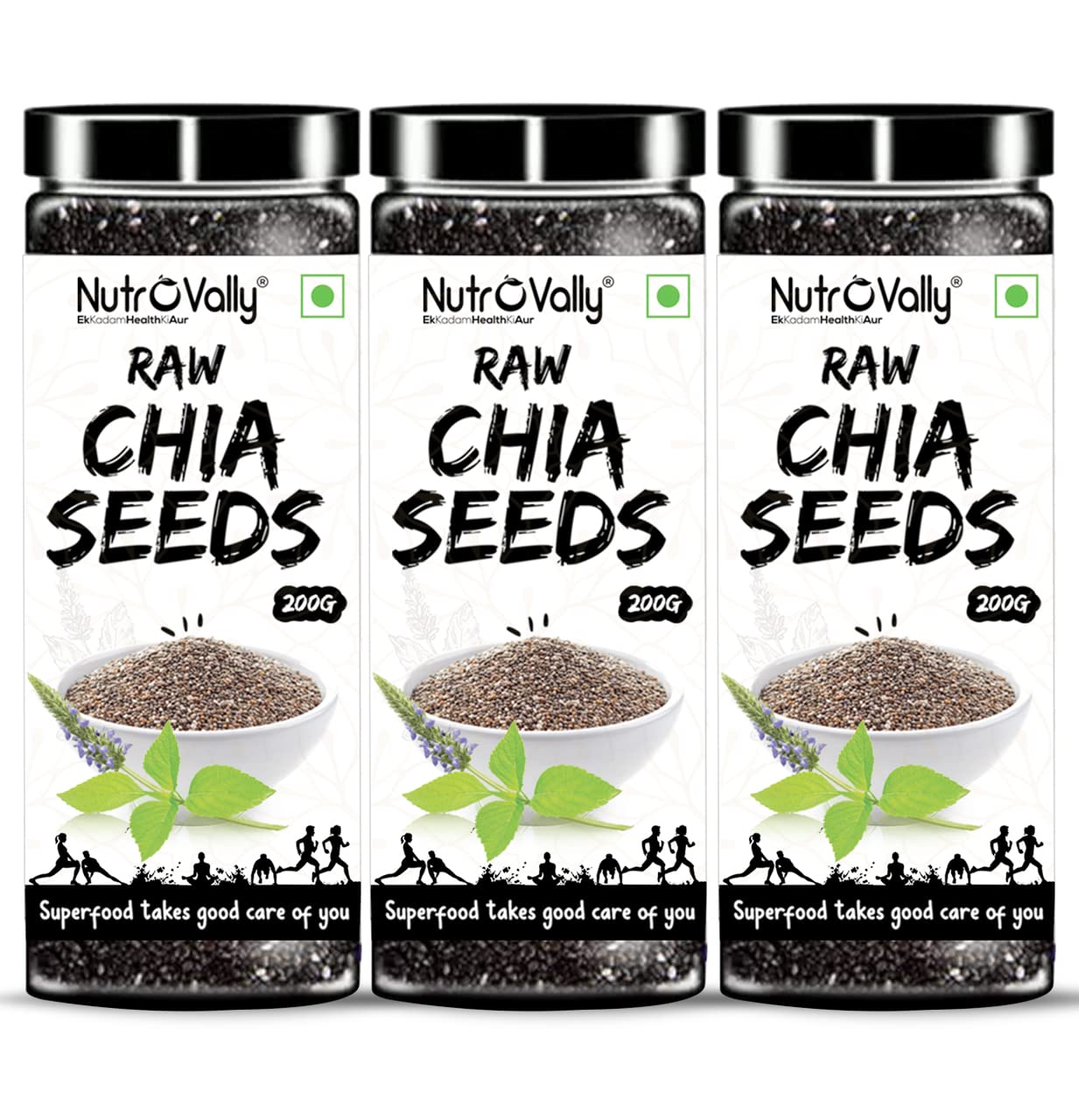 Nutrovally Chia Seeds 200g Pack of 3 |chia Seeds for Weight Loss, Glowing Skin, Daily Nutrition, Energy Boost |chia seeds| Healthy Snacks, Easy to Eat|Chia Seeds|Perfect for Smoothies, Yogurt, Salads