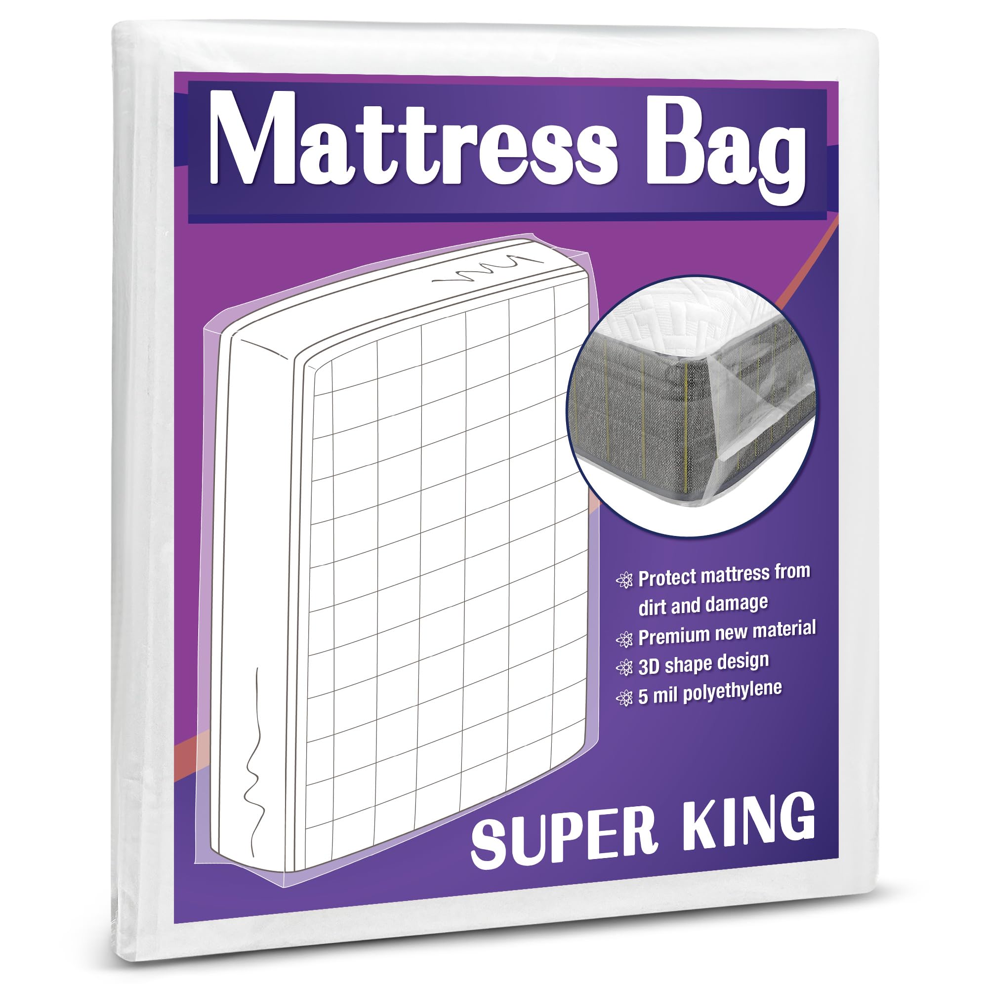 Mattress Bag for Moving and Storage, 5 Mil Heavy Duty Bed Mattress Cover, Mattress Protector Super Thick and Tear Resistant (Super King)