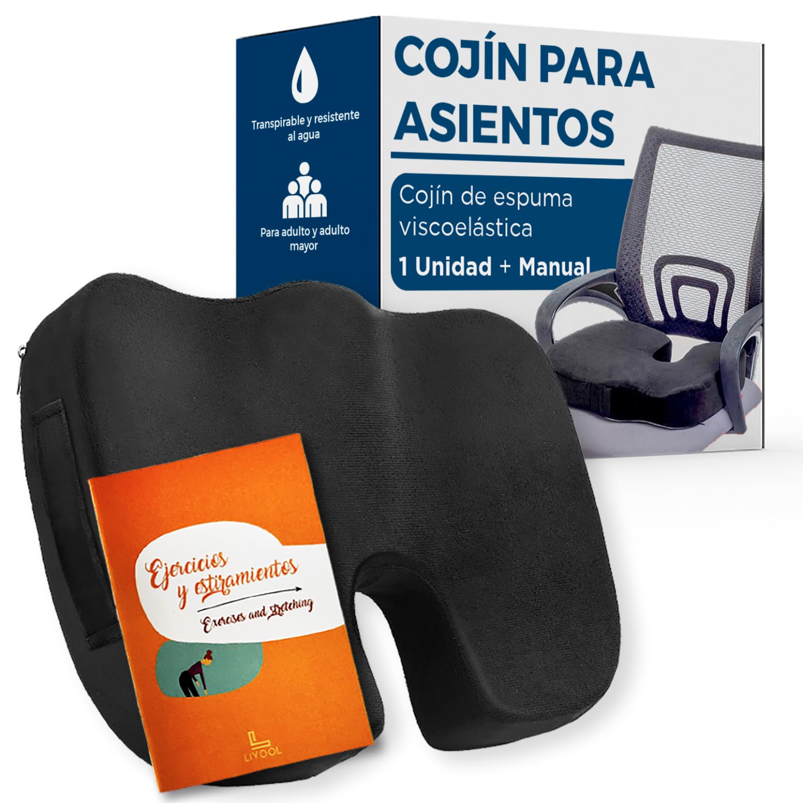 ️ Cojin Silla Oficina + Guia De Ejercicios y Estiramientos | Cojin antiescaras | Cojin Coxis viscoelástico y ergonomico.