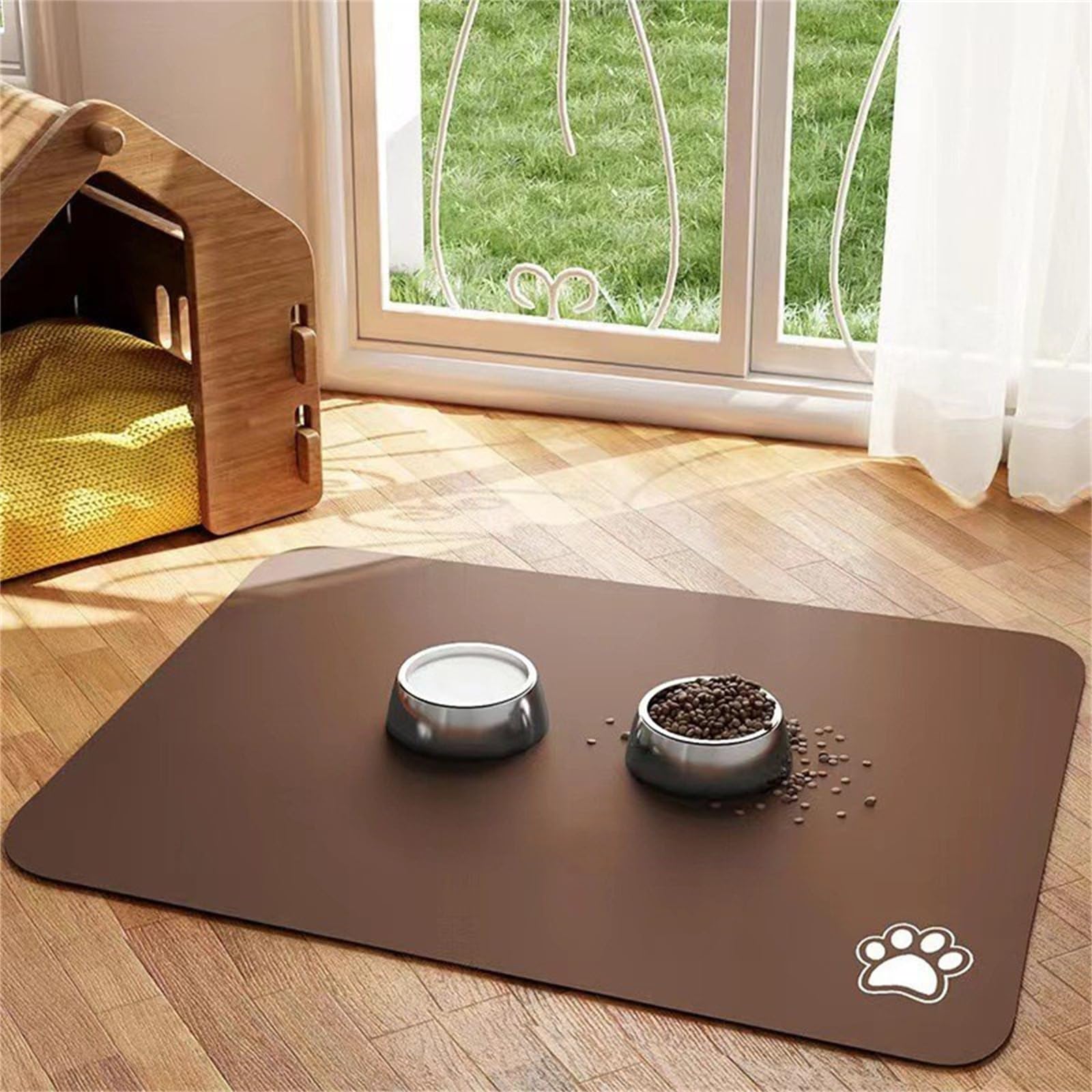 Hixingo Pet Food Mat, Absorbent Quick Dry Pet Feeding Mat with Non-Slip, No Stains Dog Cat Placemat Dog Bowl Food and Water Bowl for Messy Drinkers Floors -Simple Color (Brown,40x120cm)