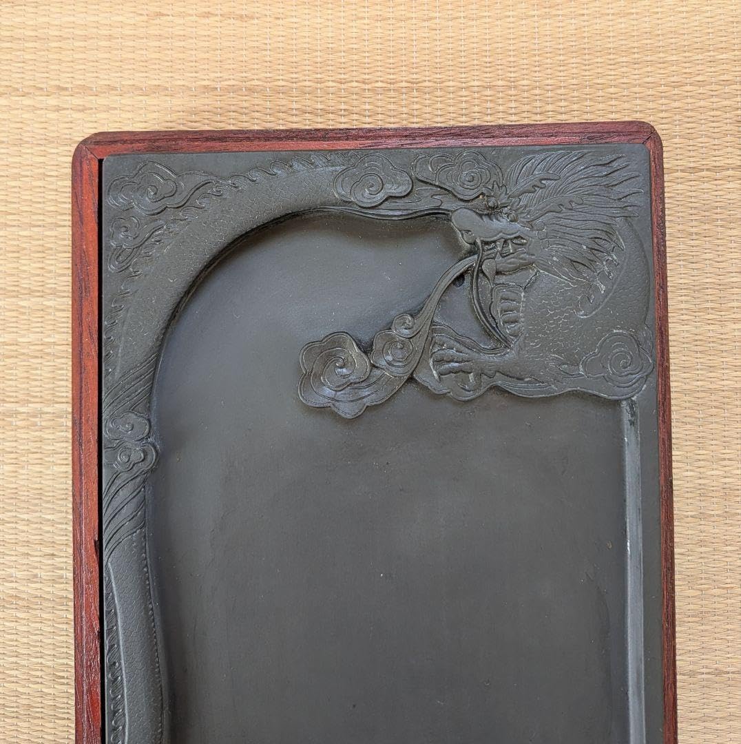 硯 中国硯 唐木ケース 金星 水波紋 書道 文房具 古美術 花瓶形 歙州 水