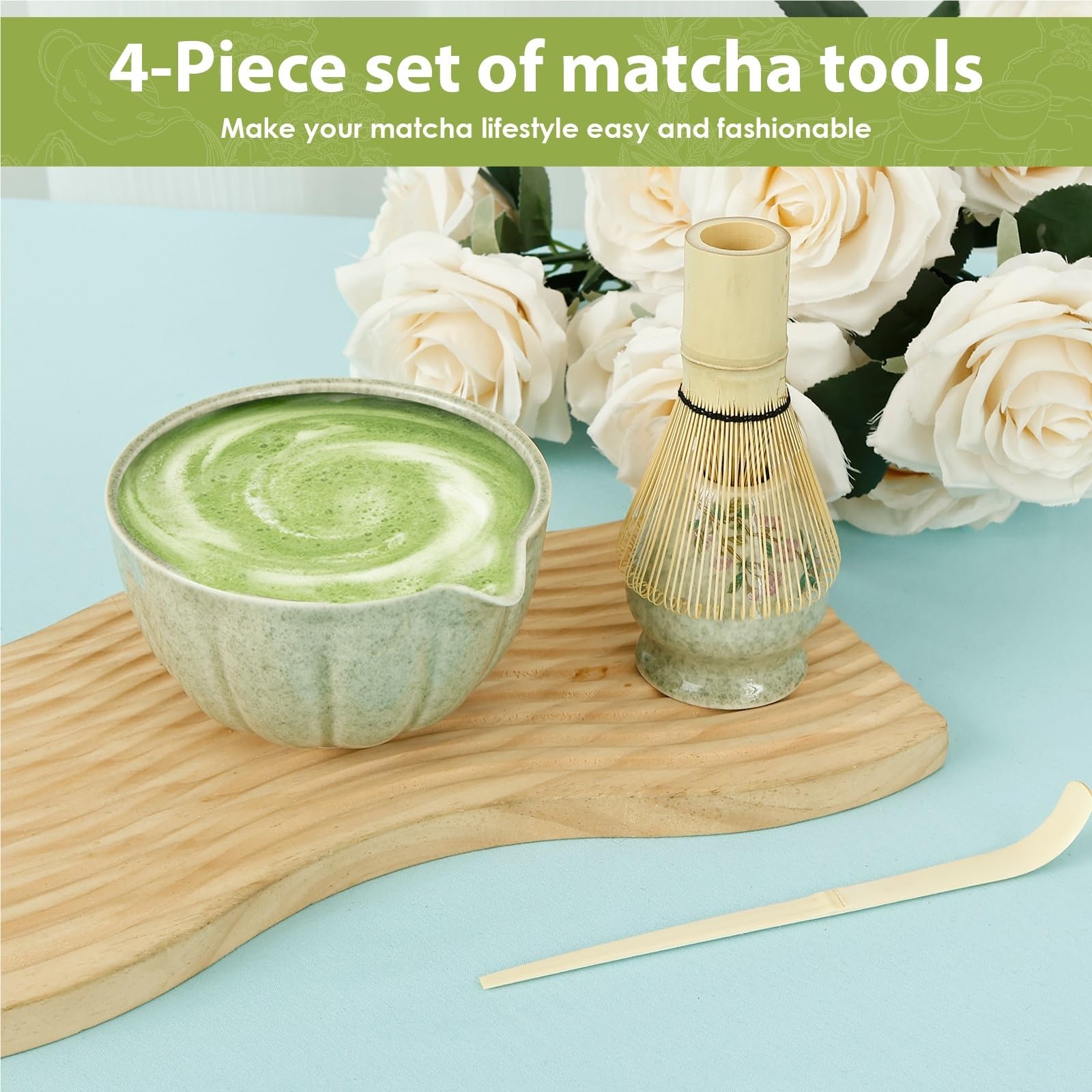 Ensemble Matcha Ensemble de 4 fouets à Matcha, élégant Ensemble Tasses thé avec Support for Fouet, Bol en céramique, ustensile Cuisine for Les Amateurs(Green)