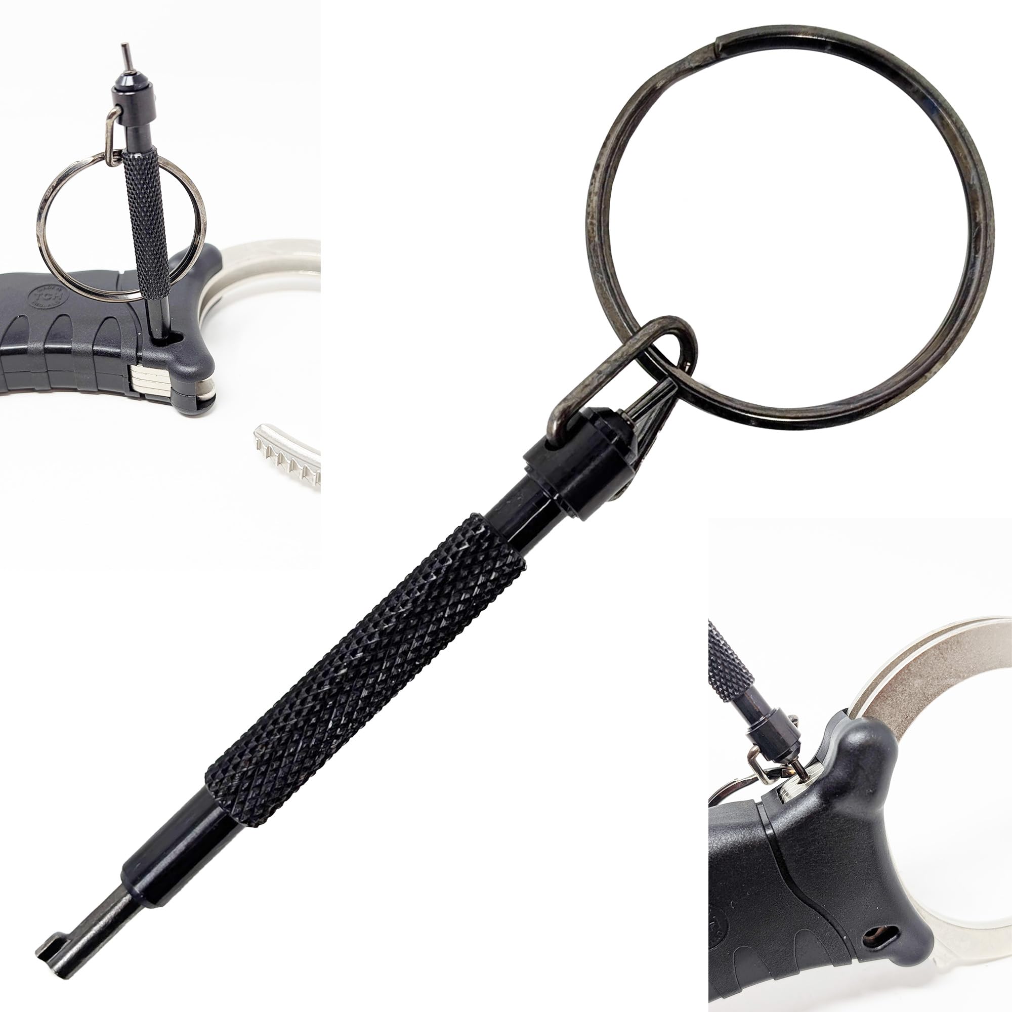 Professional Universal Tubular Round Knurled Swivel Handcuff Key 3.5" Standard Hand Cuff Key With Cuff Lock Pin and Extra Large Detachable Keyring For Quick Easy Access