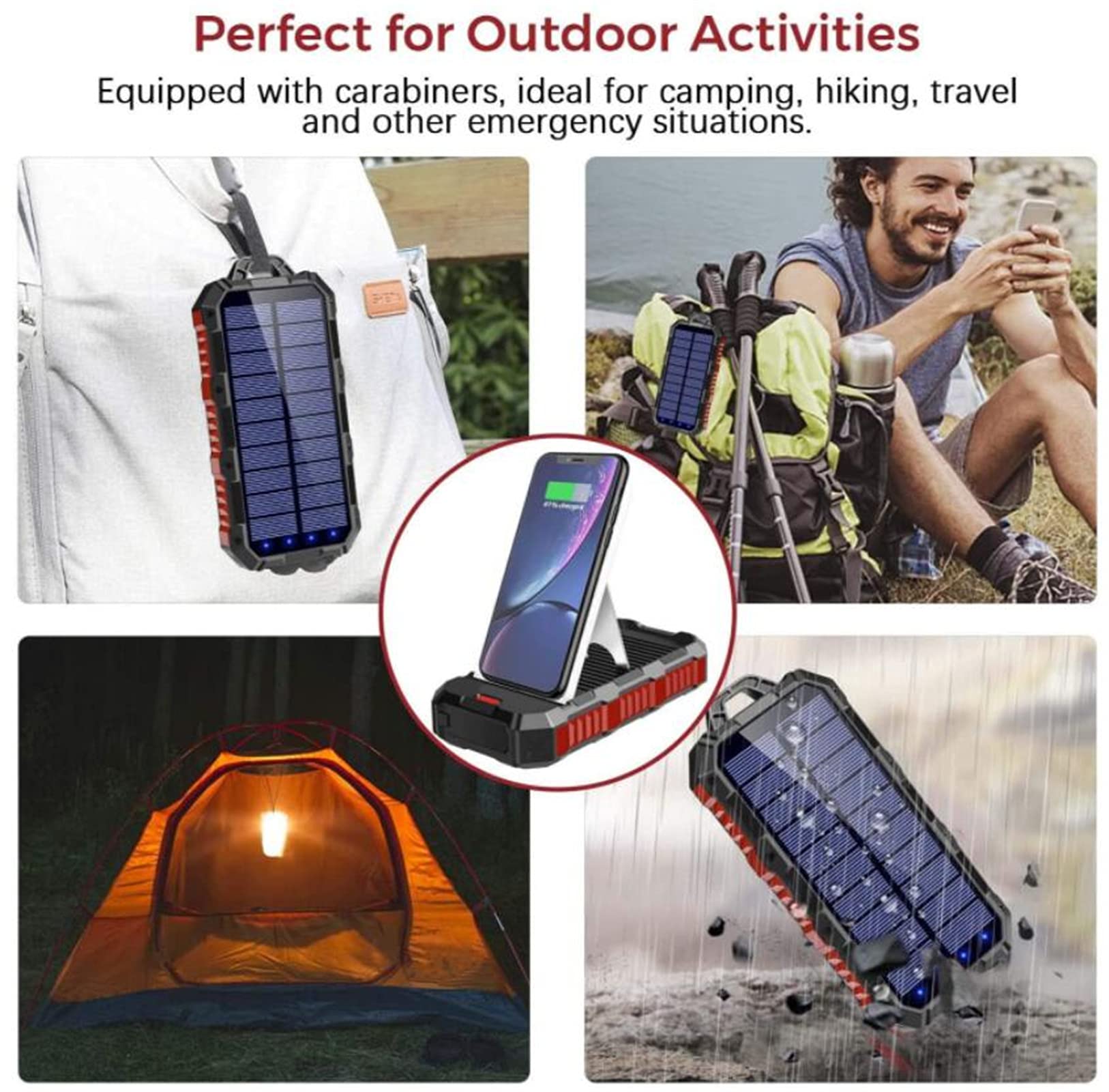 WFEI Banca di Carica del Caricatore Solare, Carica Rapida, Carica Wireless, Caricabatterie Portatile con Torcia Elettrica, Impermeabile per Esterno, Compatibile con Smartphone