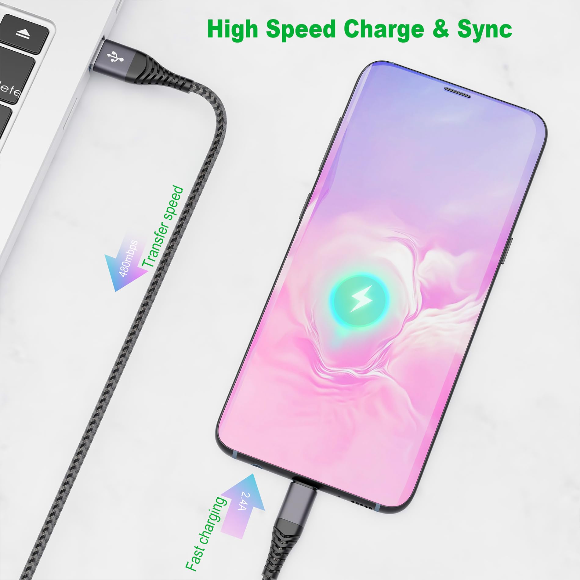 Caricabatterie per Samsung, Caricatore USB Ricarica Rapida e 2M Cavo Tipo C Nylon per Samsung Galaxy A15 A14 A13 A12 A05s A55 A54 A35 A34 A33 A25 A23 S10 S9 S8 S20 M53 M34, Caricabatterie Veloce