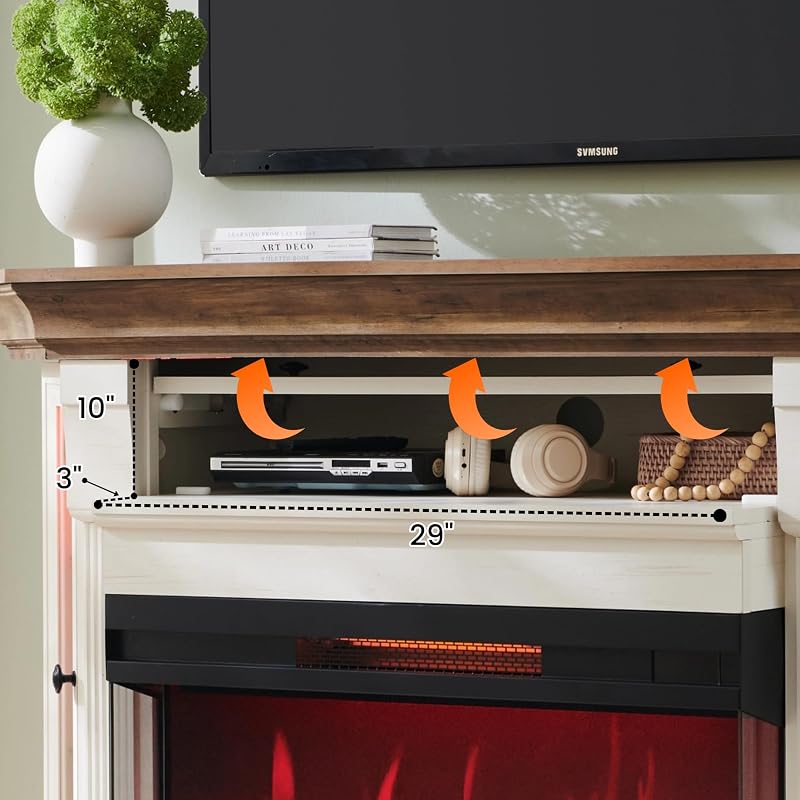 RedLemon 56" Corner Fireplace TV Stand for Up to 65 Inch TV - 30" Electric 3-Sided Fireplace, Farmhouse Entertainment Center for Living Room, Hidden Flip-Top Cubby, Shelves & LED, Antique White image 5