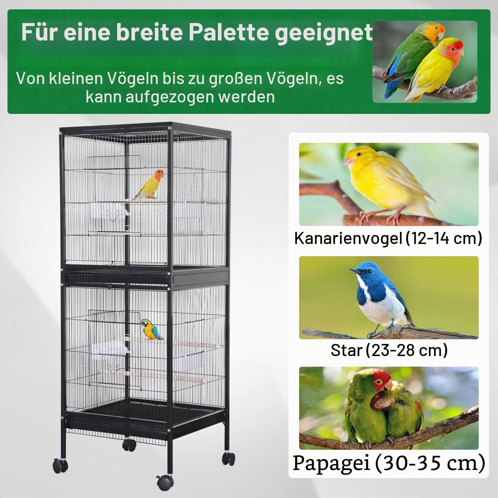Vogelkäfig Groß 52 x 50x143cm, Vogelvoliere für Wellensittich Papagei Nymphensittiche Chinchilla, Nagerkäfig 2 Ebenen mit Ständer & Rollen & 4 Türen, Abnehmbarem Tablett und Futtertrögen, Schwarz