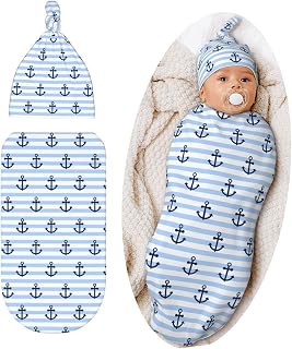 Striped Anchor Baby Stuff Swaddle Blanket Hat Set for Boys Girls, Soft Newborn Swaddle Sack Receiving Blanket Outfit Infant Shower Gift
