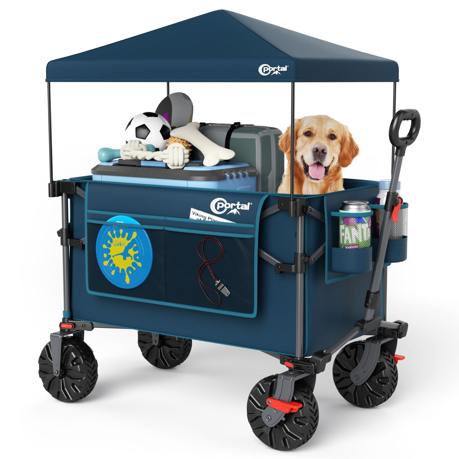 Portal Festival Beach Trolley on Wheels with Canopy Folding 350L XXL Heavy Duty Camping Trolley Cart with Brakes Open Tailgate Pull along Wagon Collapsible Garden Hand Truck Trailer Buggy