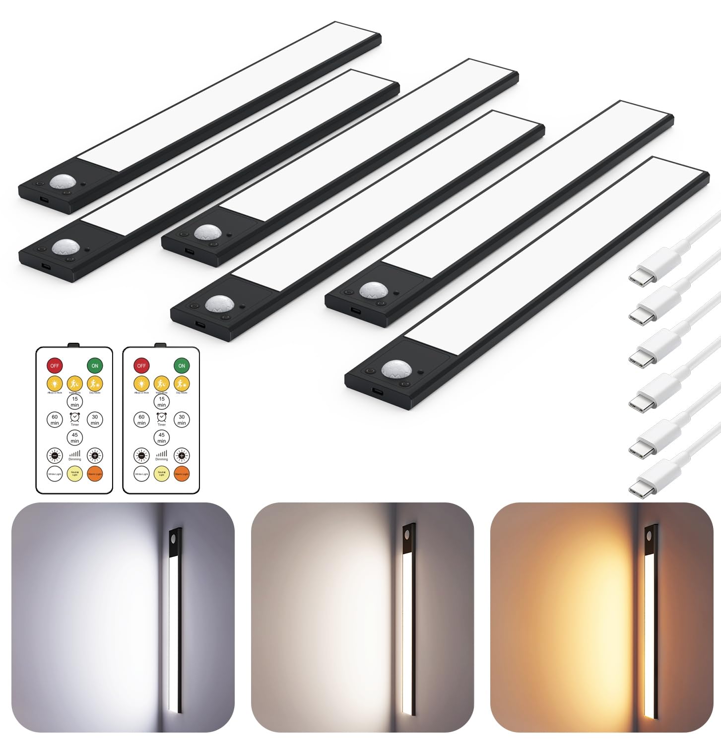12" Ultra-Thin Under Cabinet Lighting Cordless, Aluminum Alloy Under Counter Lights for Kitchen, 3-Color-Temps Magnetic Closet Lights, Rechargeable Motion Sensor Light Indoor (6 Pack, Black)