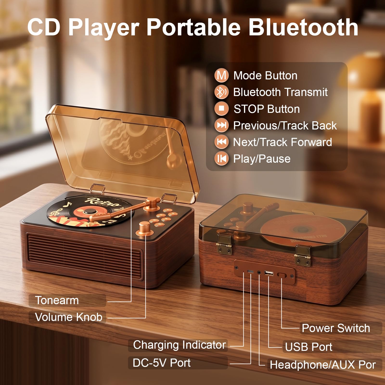Gueray Tragbarer CD Player Bluetooth CD-Player mit Lautsprecher & Radio & Fernbedienung Unterstützt USB/AUX Wiedergabe Kopfhöreranschluss Walnussholz