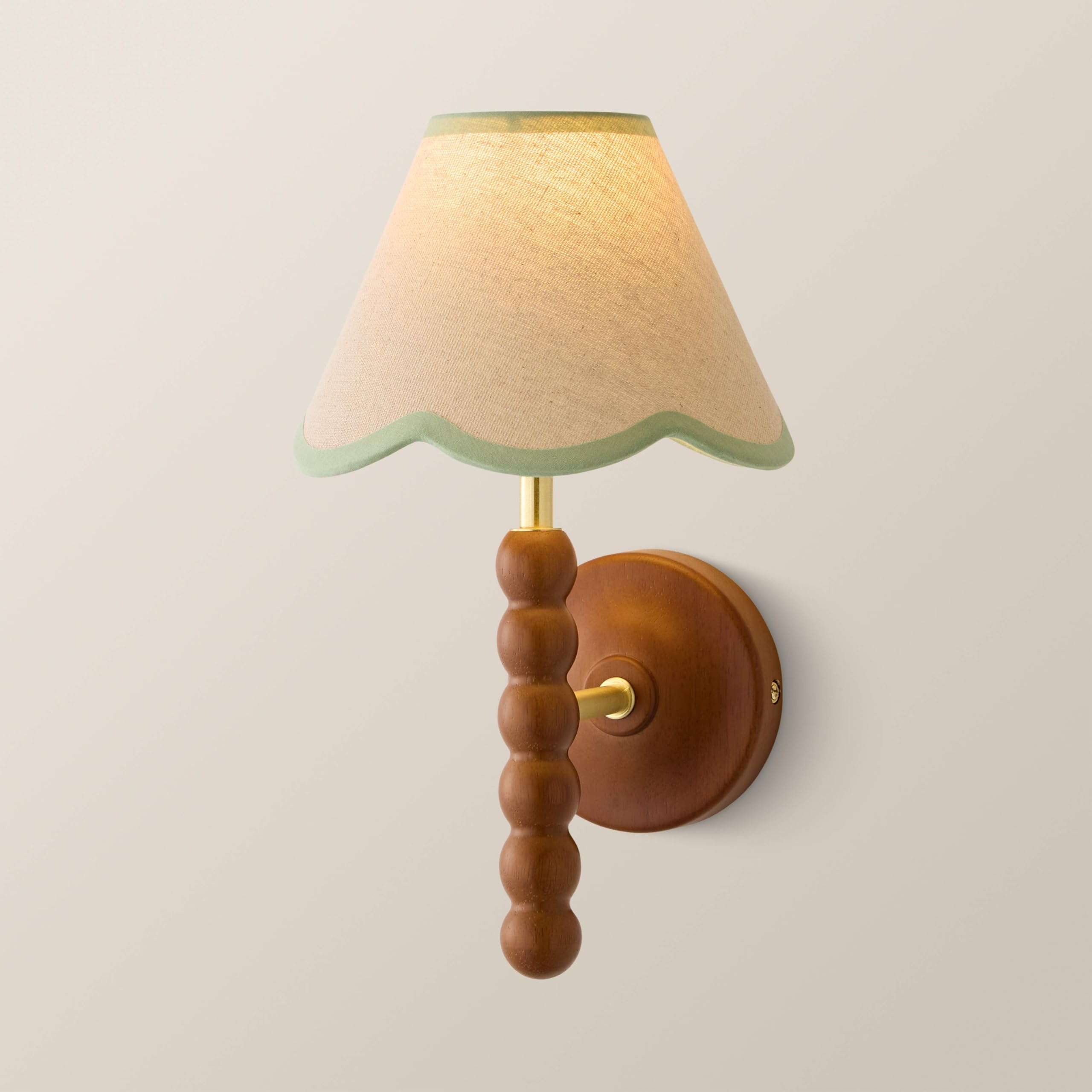 ValueLights | Bobbins Walnut Bobble Wall Light and Green Trim Linen Lamp Shade and Bulb | Mains Wired