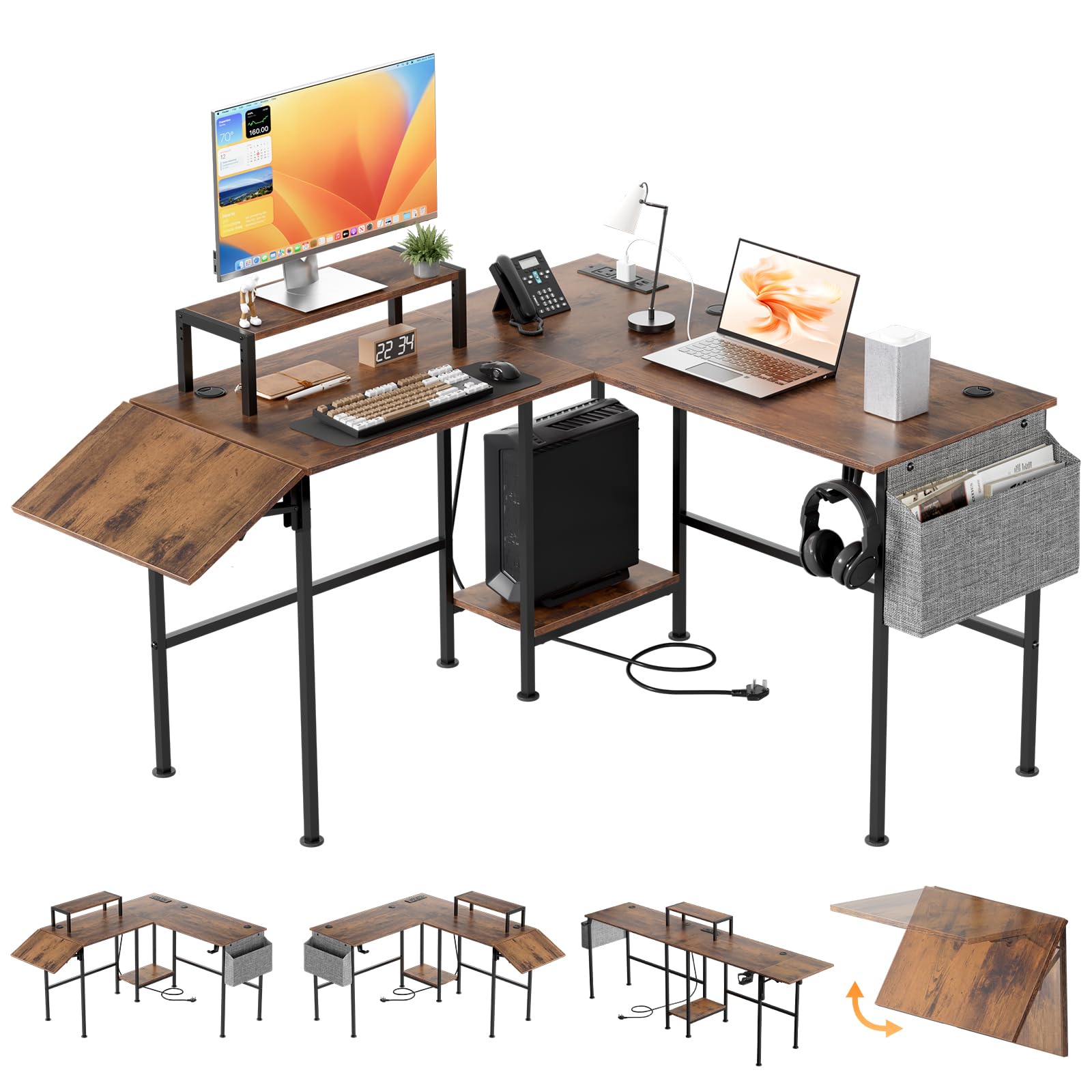 L Shaped Computer Desk with Folding Desk Extender Tray &Power Outlet, Brown