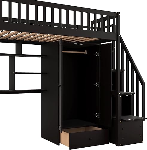 Miniatura 5 de Cama tipo loft moderna de tamaño individual con armario y escritorio integrados marco de cama tipo loft de madera maciza con escalera y estante de