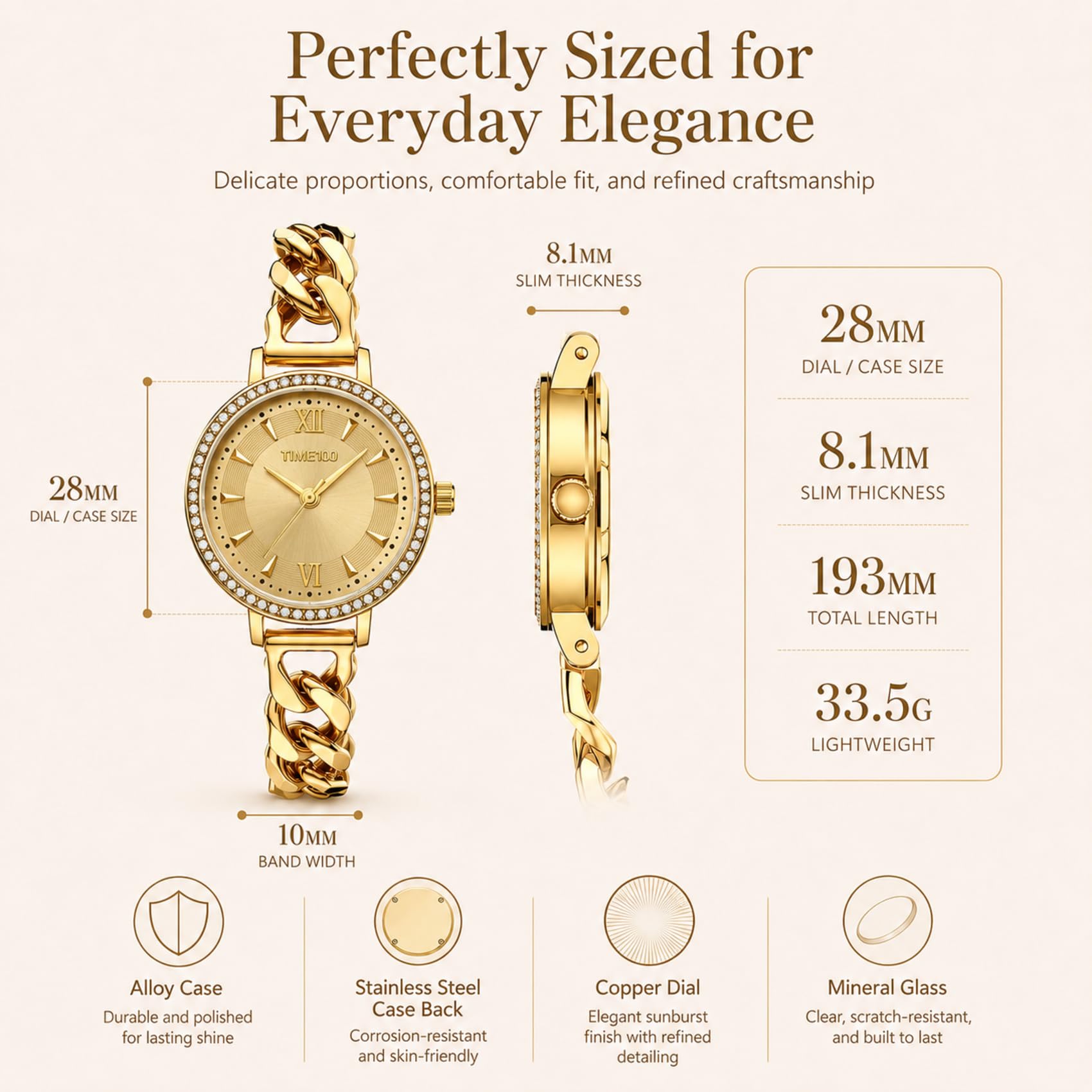 TIME100 Reloj de Mujer Elegante de Cuarzo, analógico, Caja de 28 mm