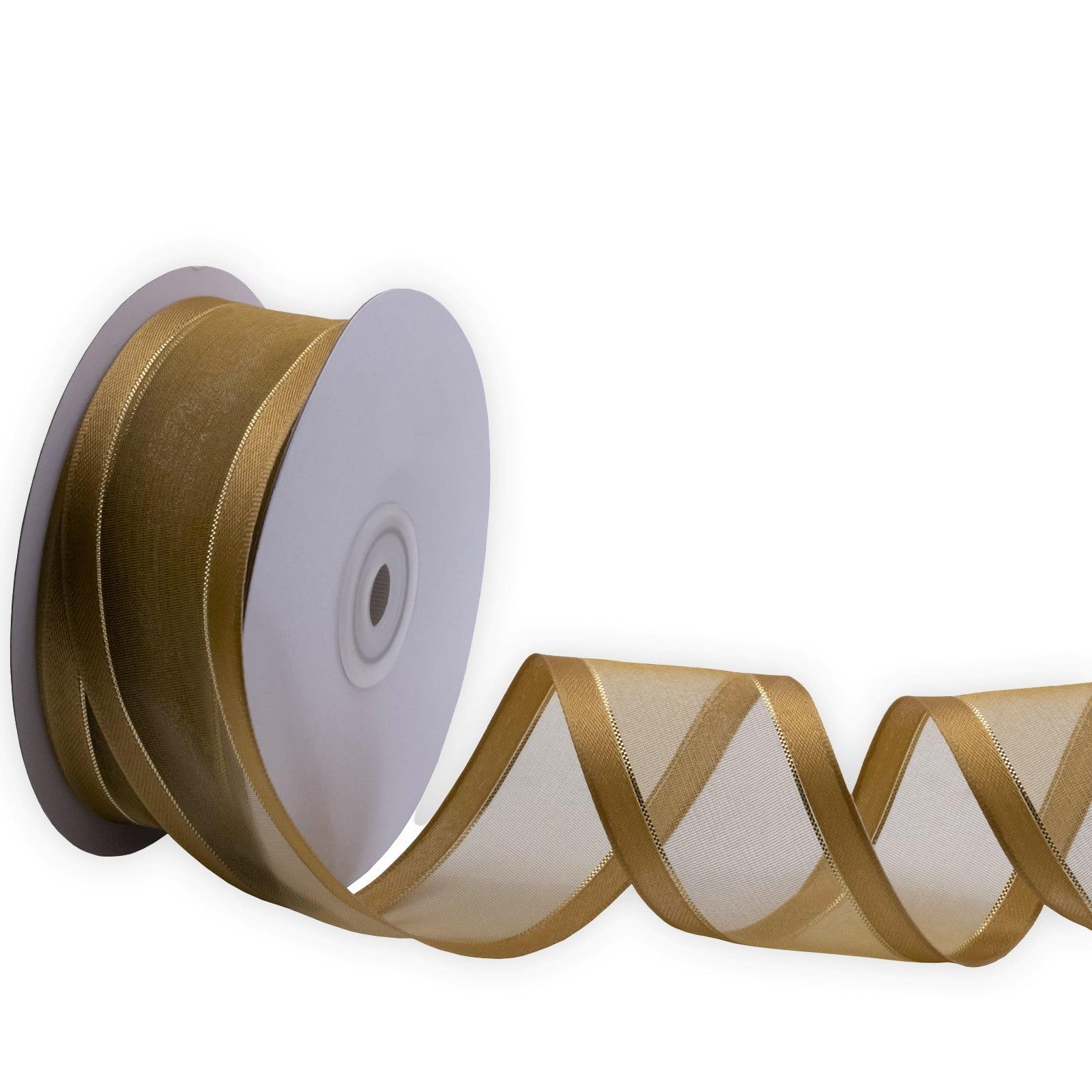 XMRIBBON Gold Sheer Ribbon Wired Satin Edge Ribbon with Gold Lurex, 1-1/2 Inch X 25 Yards, for Gift Wrapping Tree Garland Topper Bow Wreaths Wedding Favors Decorating — image 1