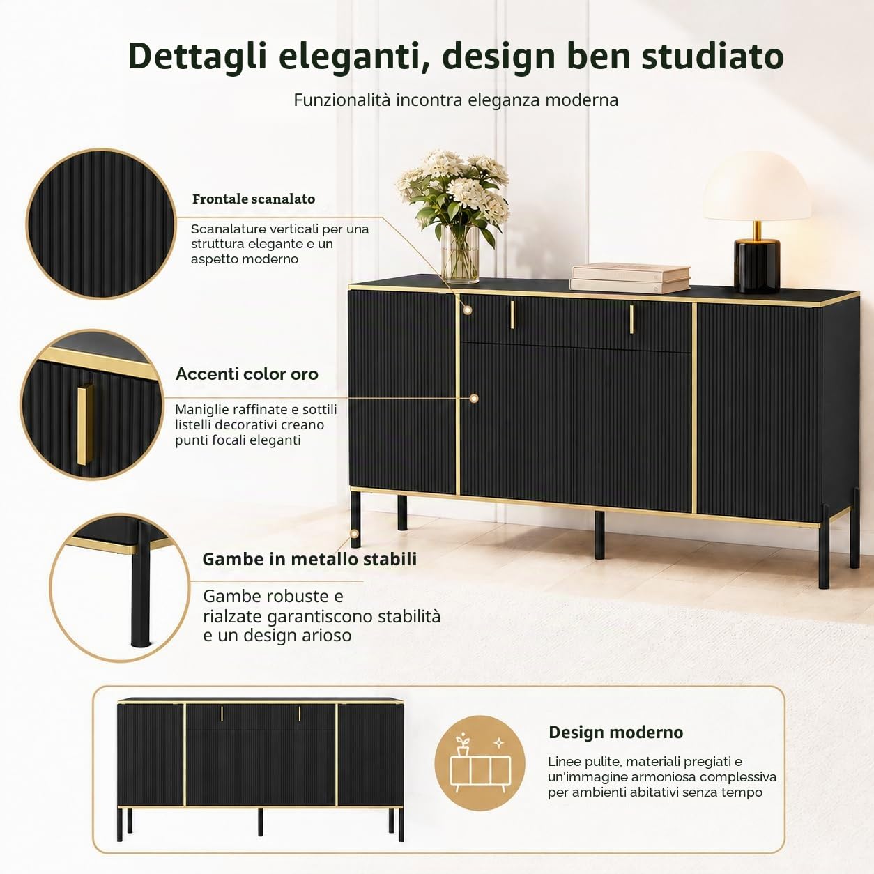 Credenza con 4 ante e 1 cassetto, ripiano regolabile, cassettiera, armadio da cucina, buffet con gambe in metallo per ingresso