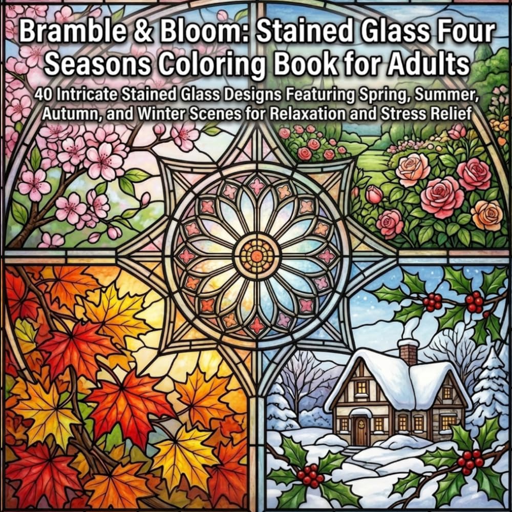 Bramble & Bloom: Stained Glass Four Seasons Coloring Book for Adults: 40 Intricate Stained Glass Designs Featuring Spring, Summer, Autumn, and Winter Scenes for Relaxation and Stress Relief