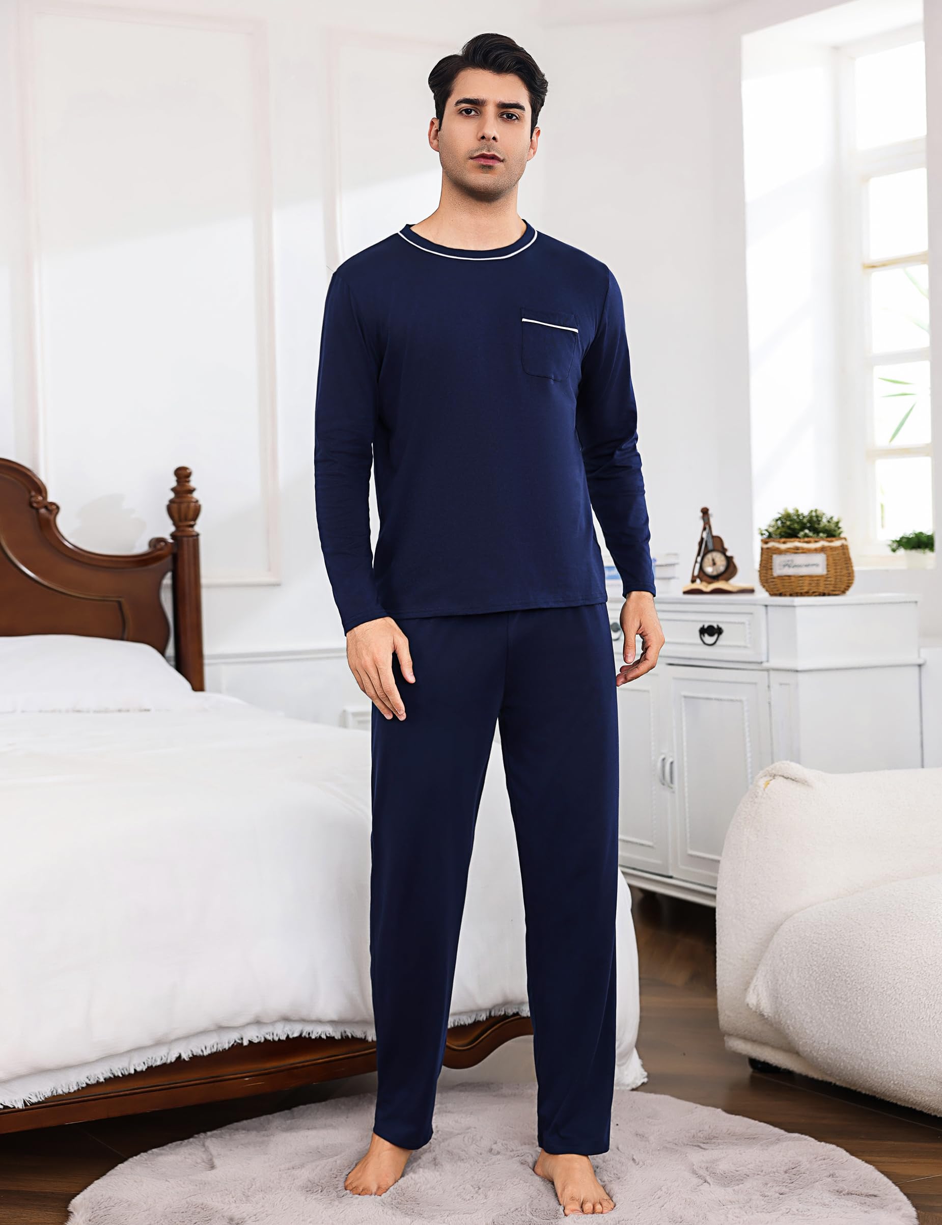 Litherday Pigiama Uomo Invernale Cotone Lungo Pigiami Due Pezzi da Uomo Manica Lunghe e Pantaloni con Tasche Morbido Loungewear