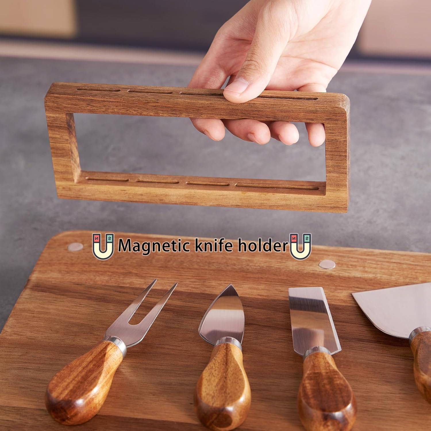 Acacia Wood Charcuterie Board, Cheese Board Set with Magnetic Knife Holder, 14"x 11" Large Serving Tray for Meat and Cheese, Ideal Gift for Anniversary, Christmas, Thanksgiving, Wedding, Halloween - Image 7