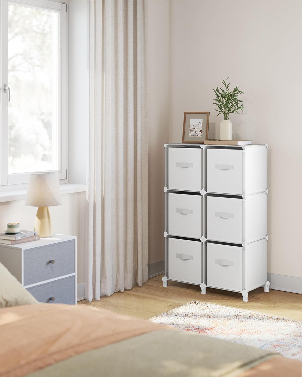SONGMICS Cube Storage Organizer with Storage Boxes, 6-Cube Organizer, 6 Collapsible Non-Woven Fabric Bins, Customizable, Space-Saving, Bedroom, Living Room, Cloud White ULPC062W06