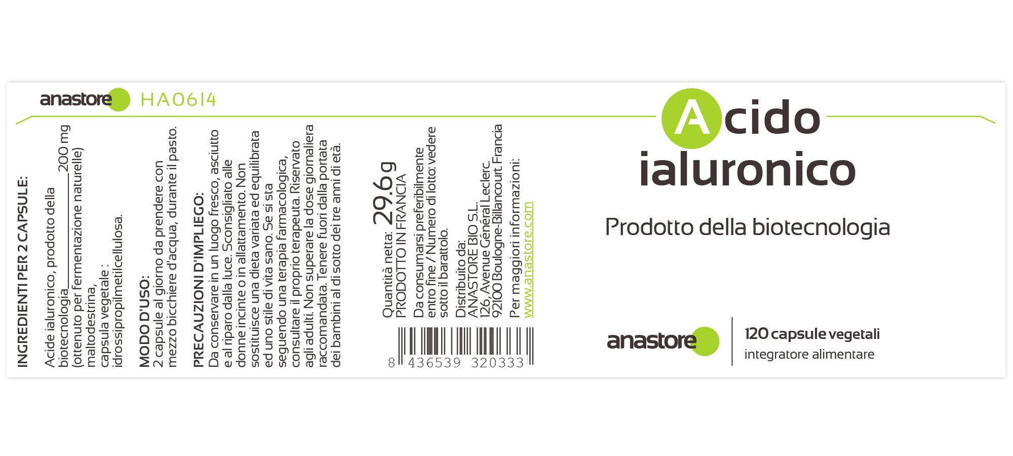 ÁCIDO HIALURÓNICO, producto de biotecnología * 100 mg / 120 cápsulas vegetales * Pureza garantizada al 90% como mínimo * Calidad controlada por certificado de análisis