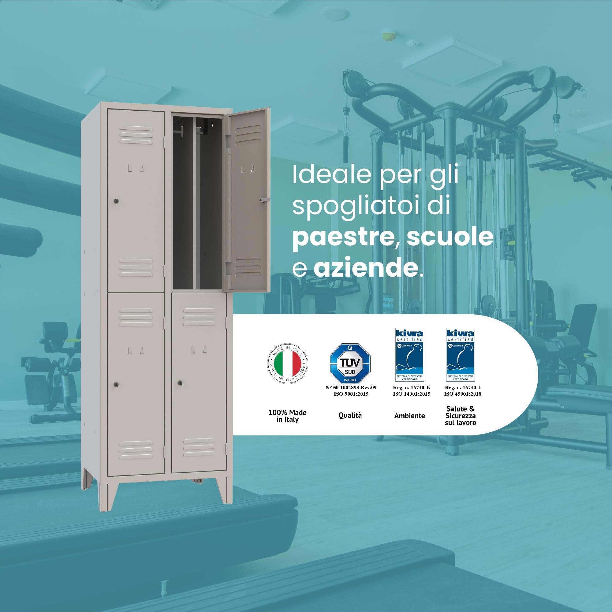 XLOCKERS Armadio Spogliatoio Monoblocco Sovrapposto in Metallo Robusto, 2+2 posti con Divisorio Sporco/Pulito, 61.5x50x180cm, Grigio RAL 7035, Made in Italy