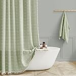 BTTN Boho Sage Green Shower Curtain, Linen Rustic Heavy Duty Fabric Shower Curtain Set with Tassel, Water Repellent, Farmhouse Bohemian Vintage Country Thick Cloth Shower Curtains for Bathroom, 72x72