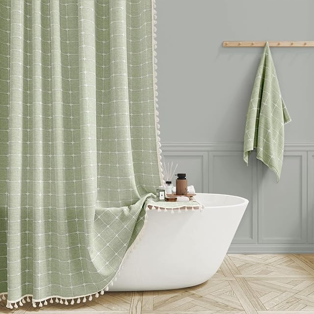BTTN Boho Sage Green Shower Curtain, Linen Rustic Heavy Duty Fabric Shower Curtain Set with Tassel, Water Repellent, Farmhouse Bohemian Vintage Country Thick Cloth Shower Curtains for Bathroom, 72x72