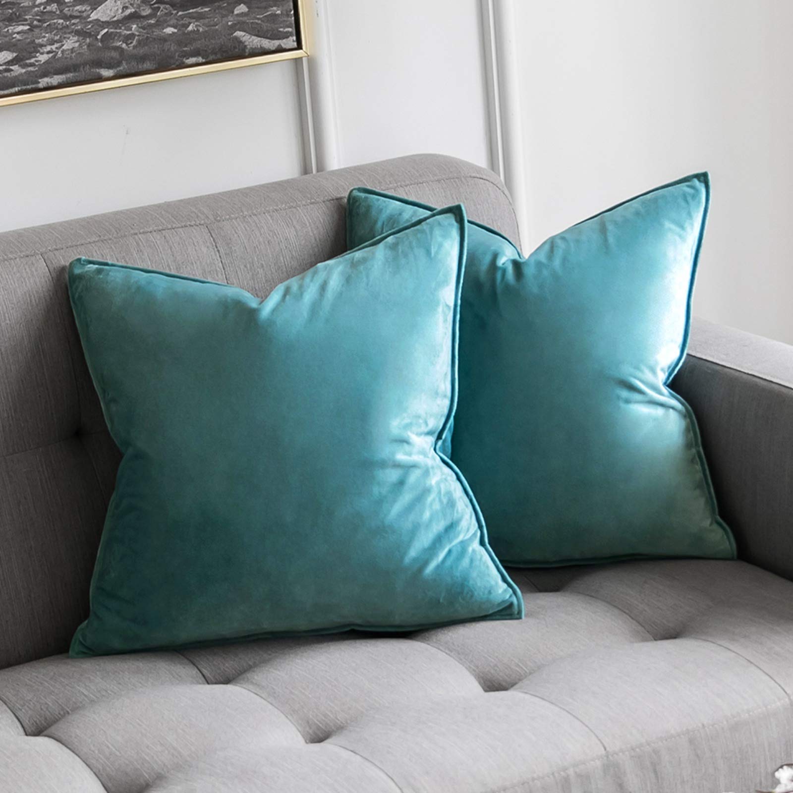 MIULEE Velvet Cushion Covers 45cm x 45cm Teal Decorative Square Throw Pillow Covers Flanges Pillowcases Soft for Livingroom Sofa Bedroom with Invisible Zipper 18 x 18 Inch Pack of 2