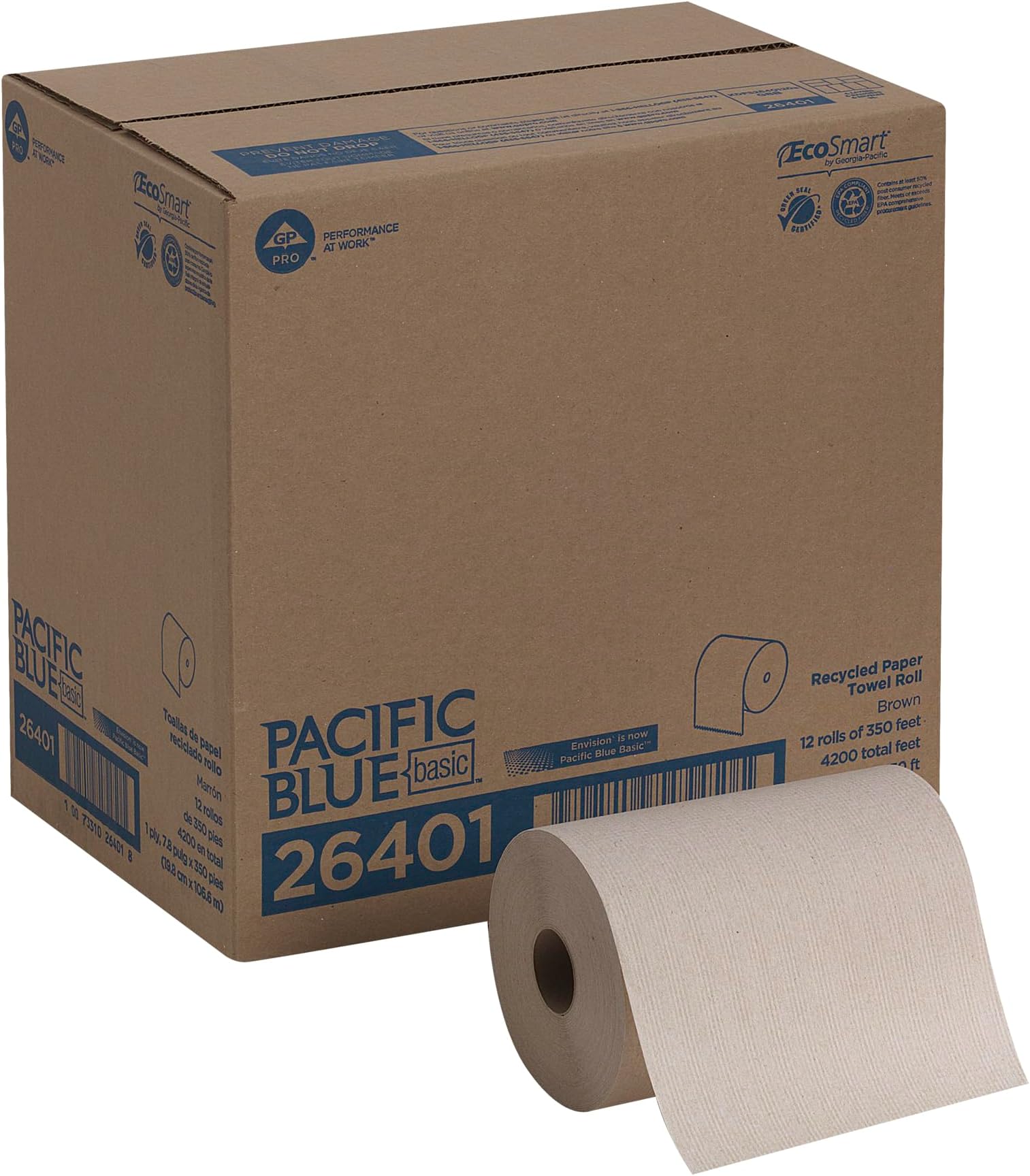 Pacific Blue Basic Recycled Paper Towel Roll (Previously branded Envision) by GP PRO, Brown, 26401, 350 Feet Per Roll, 12 Rolls Per Case