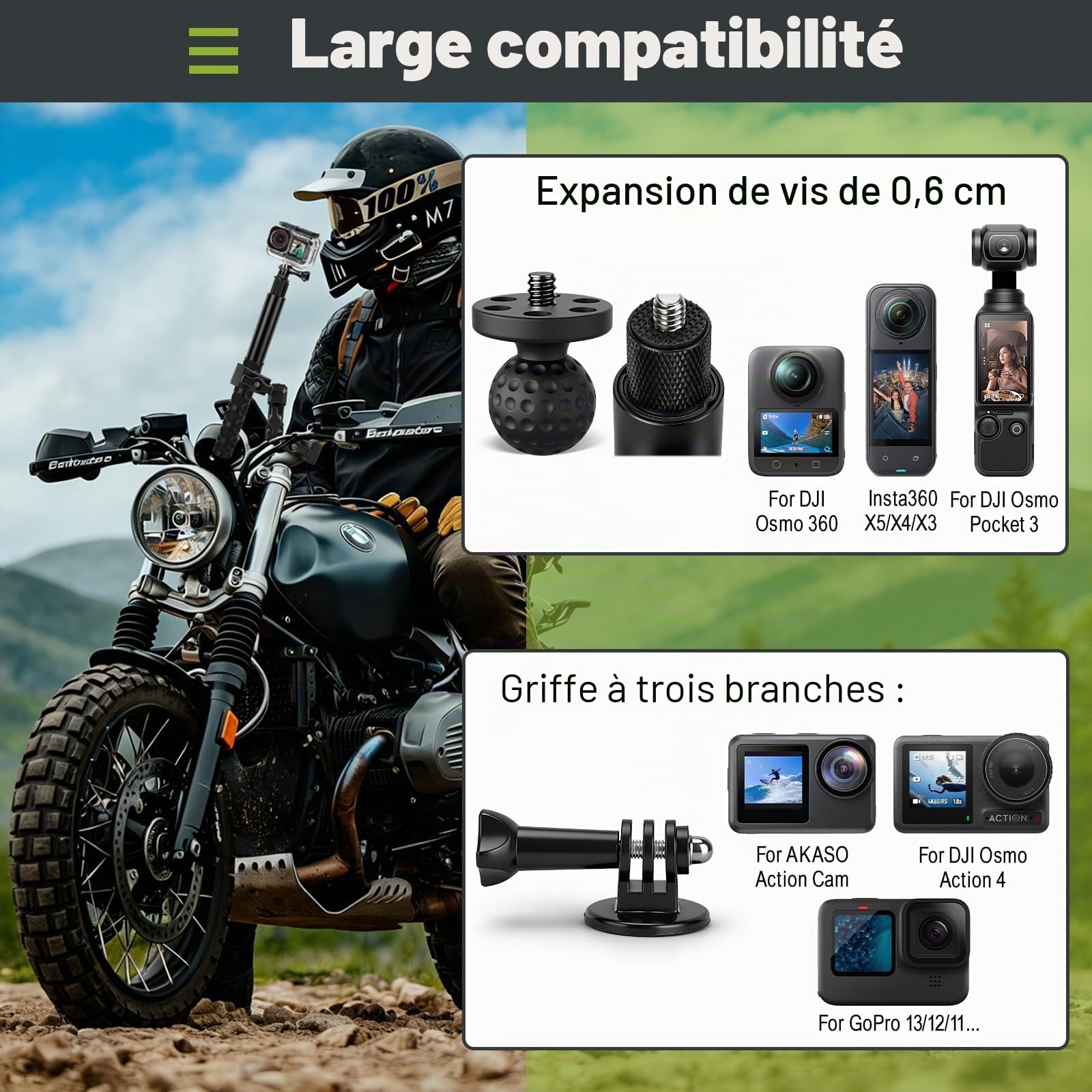 Support Moto pour Insta360 X5 X4 X3 ONE X2 GoPro Hero13 DJI Osmo Pocket 4/3 | Kit de Montage sur Guidon de Vélo avec Perche Selfie Invisible 120cm et Double Pince Accessoire pour Insta 360 GoPro Hero 12
