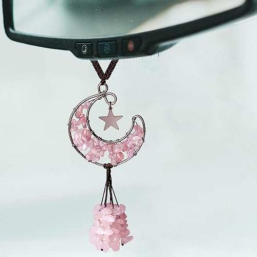 DUQGUHO Accesorios de coche rosa de cuarzo rosa para espejo retrovisor de coche accesorios colgantes de cristal adorno colgante de automóvil luna