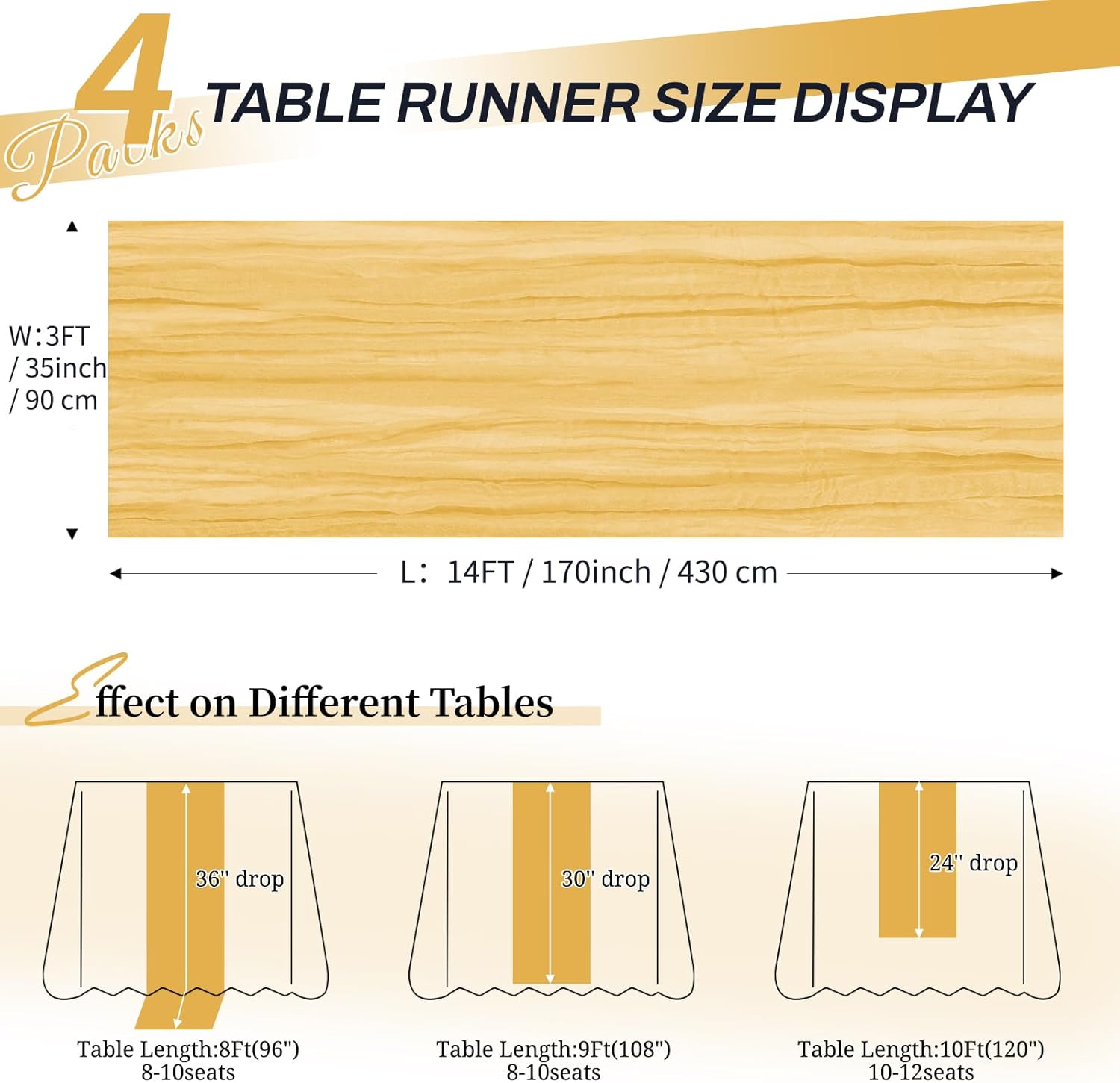 4 Pack Gold Cheesecloth Table Runner 14FT, Gauze Table Runner Semi-Sheer 35 * 170 inch Boho or Rustic Table Decoration, Romatic Wedding Table Runner or Arch Draping for Bridal Shower Banquet