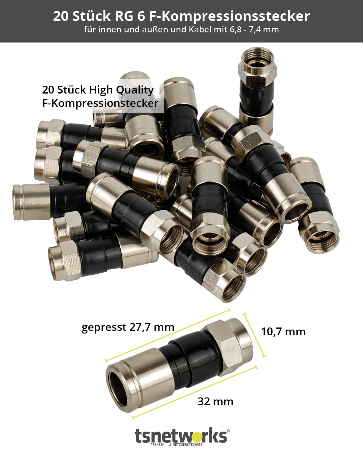 Elektriker Werkzeug Set mit F Stecker, Kompressionszange, Maulschlüssel flach 11-13, Kabelschneider & Abisolierwerkzeug in hochwertiger Tasche mit Platz für weiteres Elektriker Werkzeug