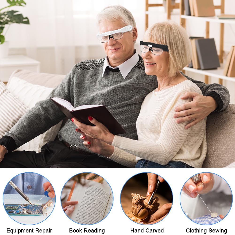 Gafas Lupas con Luz 3 Led para Manualidades, 0,75X 1.0X 1.5X 2.5X 4.0X con 5 Lentes, Recargables, Ajustable para Leer, Reparaciones, Coser, Joyería (Negras)