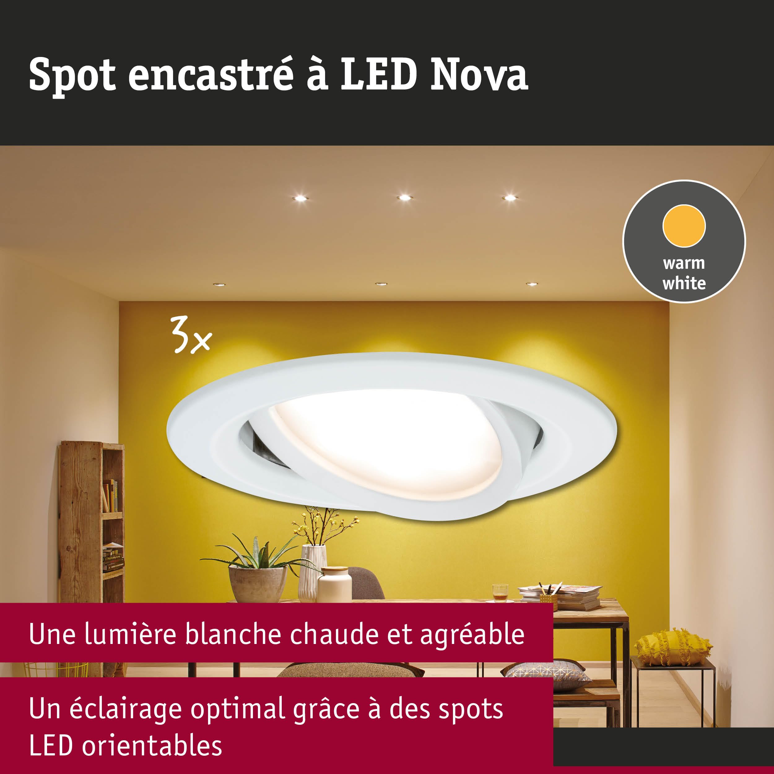 Paulmann 93449 Spots LED encastrés Nova Coin Set de base orientable rond 84 mm 50° Coin 3x6W 3x470lm 230V 2700K blanc dépoli