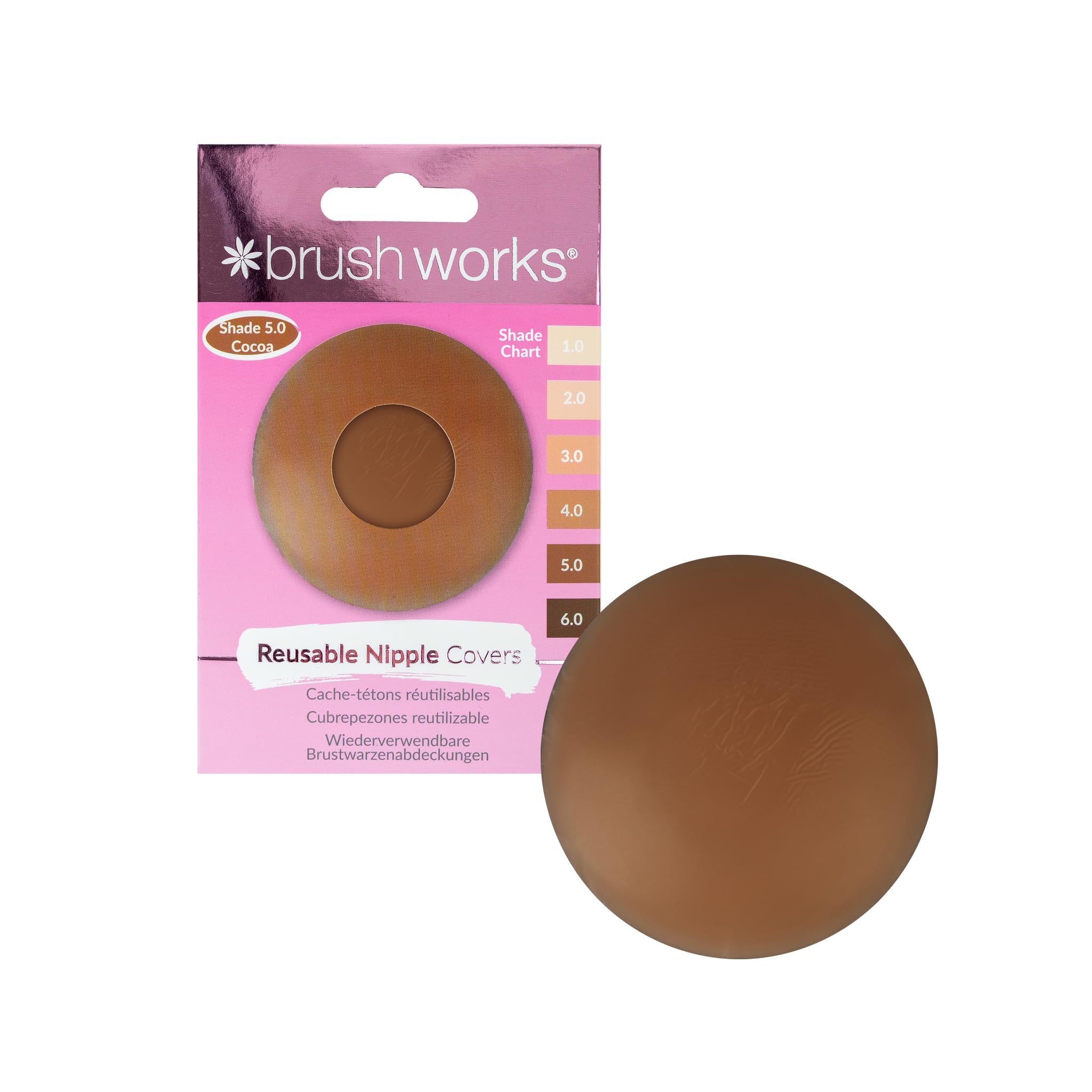 Brushworks Reusable Silicone Nipple Covers (Shade 5.0 - Cocoa) - Adhesive Pasties for Invisible Coverage Under T Shirts, Crop Tops & Backless Dresses, Vegan & Cruelty Free Beige