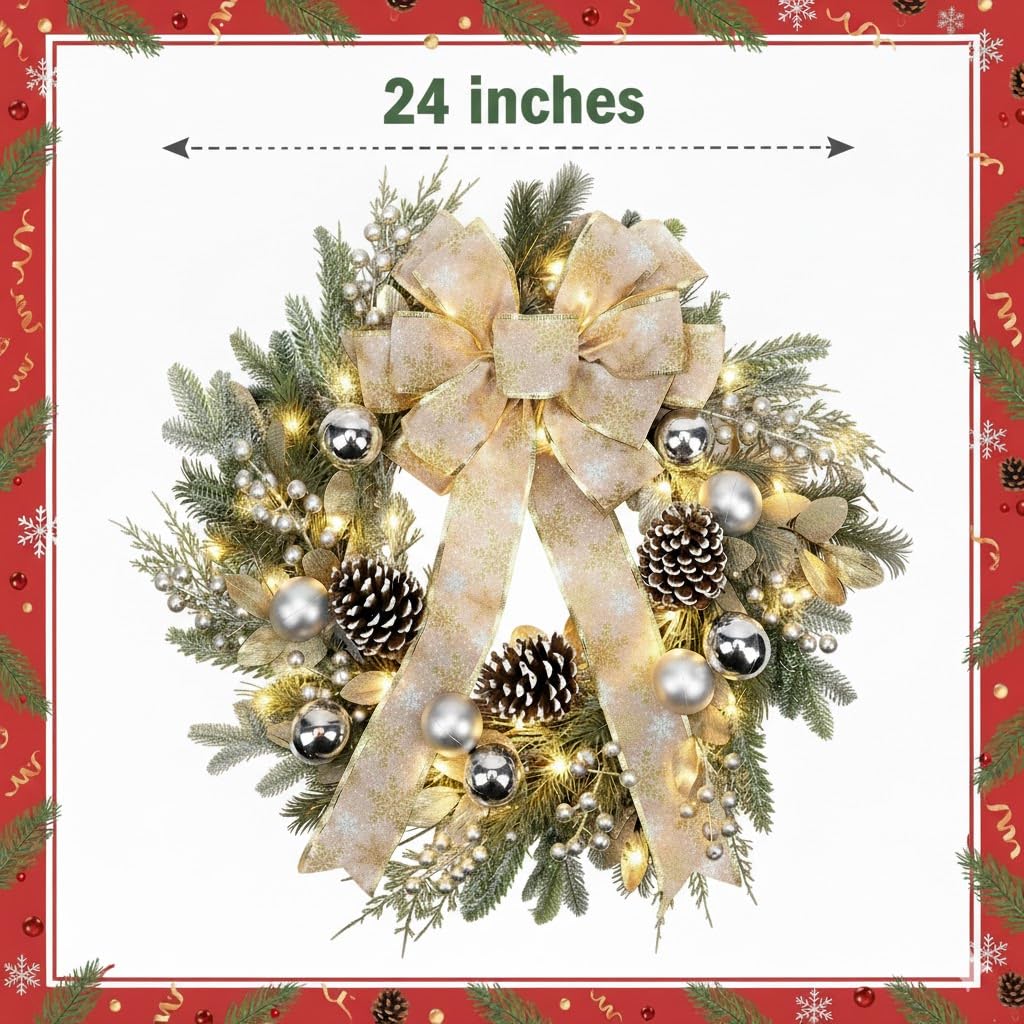 Couronne de Noël de 61 cm pour porte d'entrée avec lumières, nœud doré, couronne d'hiver, boules de Noël, pommes de pin, aiguilles de pin pour mur, maison, vacances, décoration de Noël