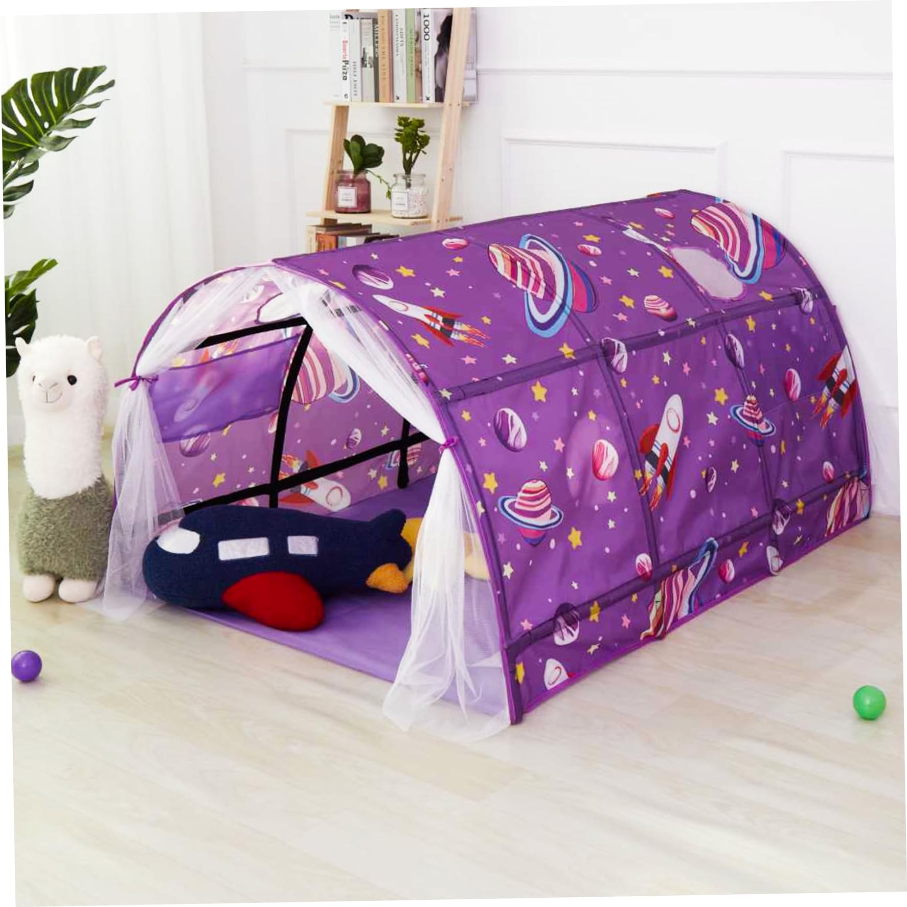 Bettzelt, 55 x 39, 4 x 31, 5 Zoll, Oxford-Stoff, sicheres und unterhaltsames Bettzelt in voller Größe mit Planetenthema, tragbarer Kinderspieltunnel mit Netzvorhang für den Innenbereich, Heimzeltbe