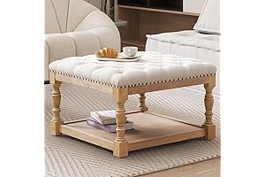 Large Square Tufted Coffee Table with Solid Wood Legs