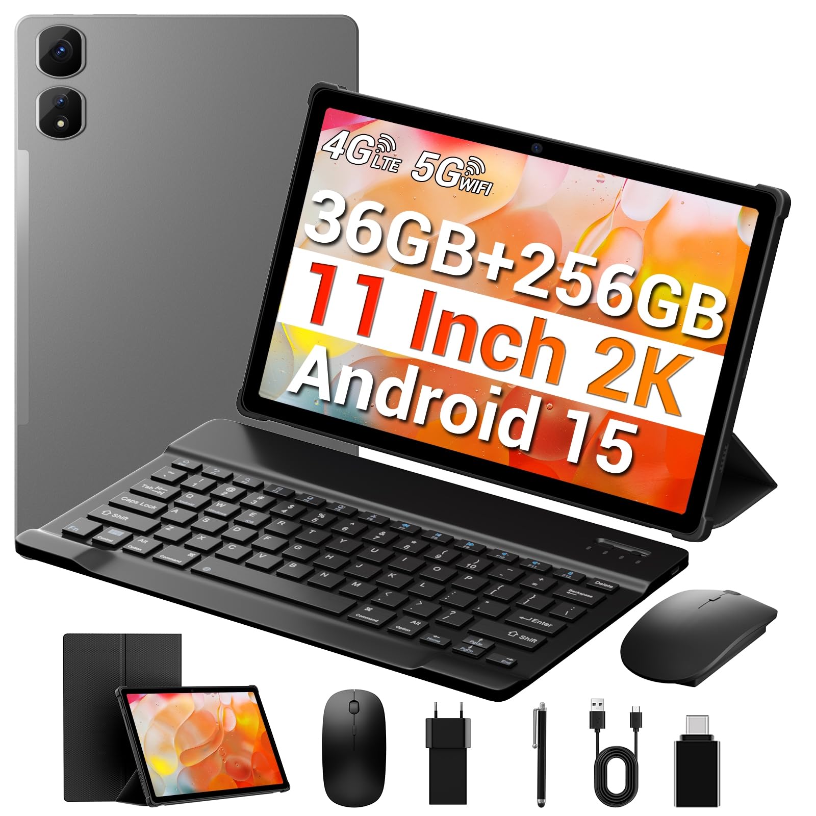 Tablet 11 Zoll Cellular, 2K FHD, 36GB RAM+256GB ROM/1TB TF, 4G LTE Dual SIM+5G WLAN, 2GHz Octa-Core Android 15 Tablets mit 9580mAh Akku, 13MP, GPS, GMS, mit Tastatur/Stift/Maus/Hülle