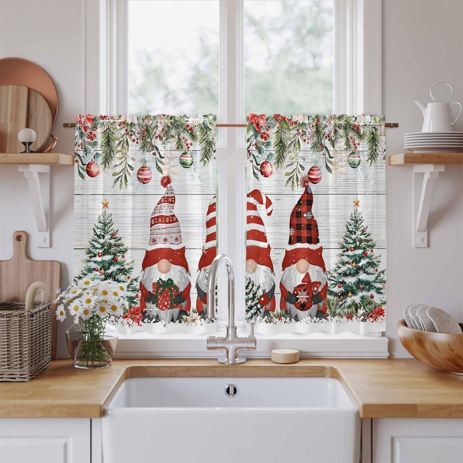 Grey Wood Christmas Kitchen Tier Curtains 45 Inch Long 2 Panel Set,Rod Pocket Short Window Treatment,Gnomes Xmas Tree Poinsettia Eucalyptus Curtains & Drapes for Bathroom Basement 27.5"W x 45"L