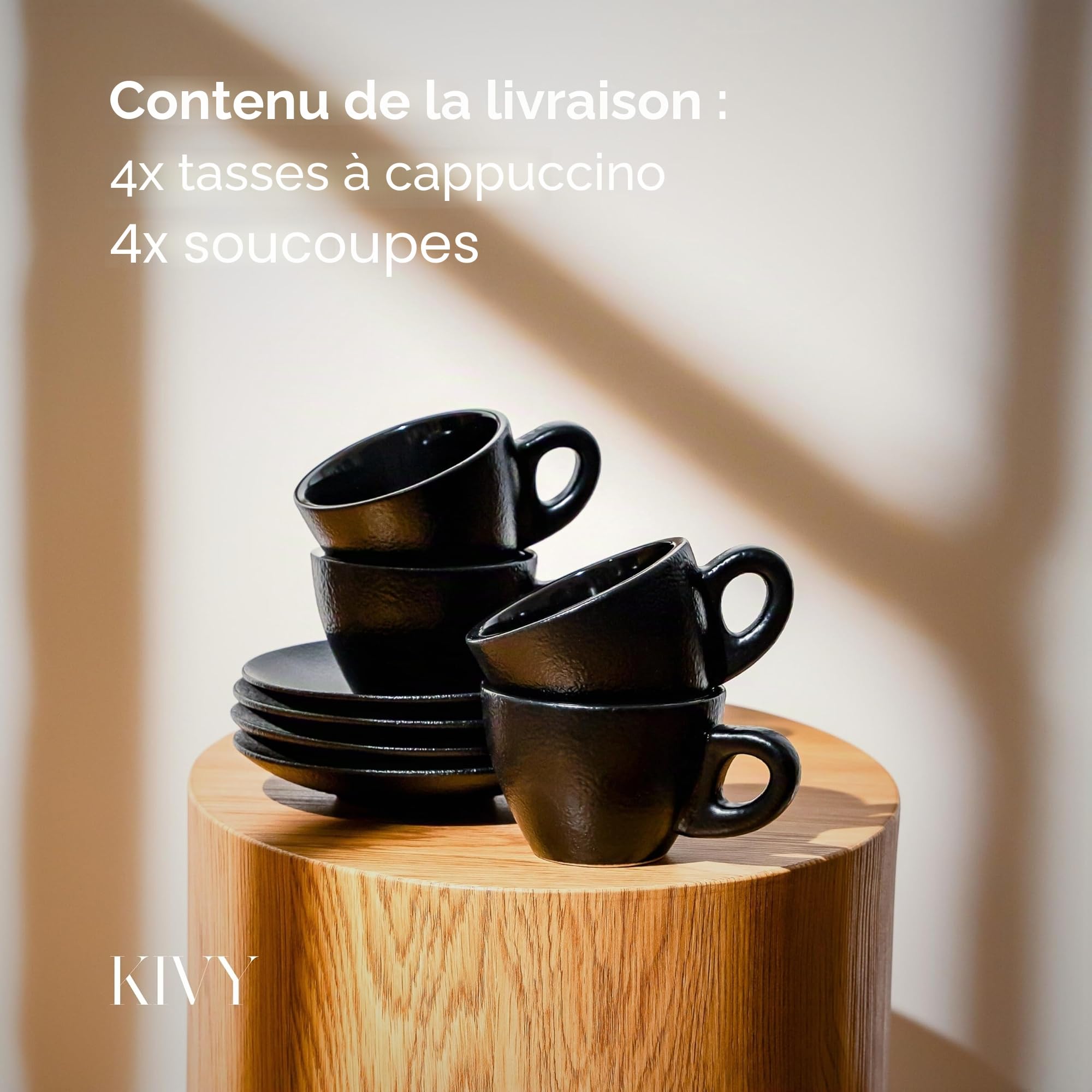KIVY Lot de 4 tasses à cappuccino [170 ml] – Ensemble de tasses à cappuccino en céramique à paroi épaisse pour latte art – Tasses à latte – Tasse à latte et soucoupe en céramique noire