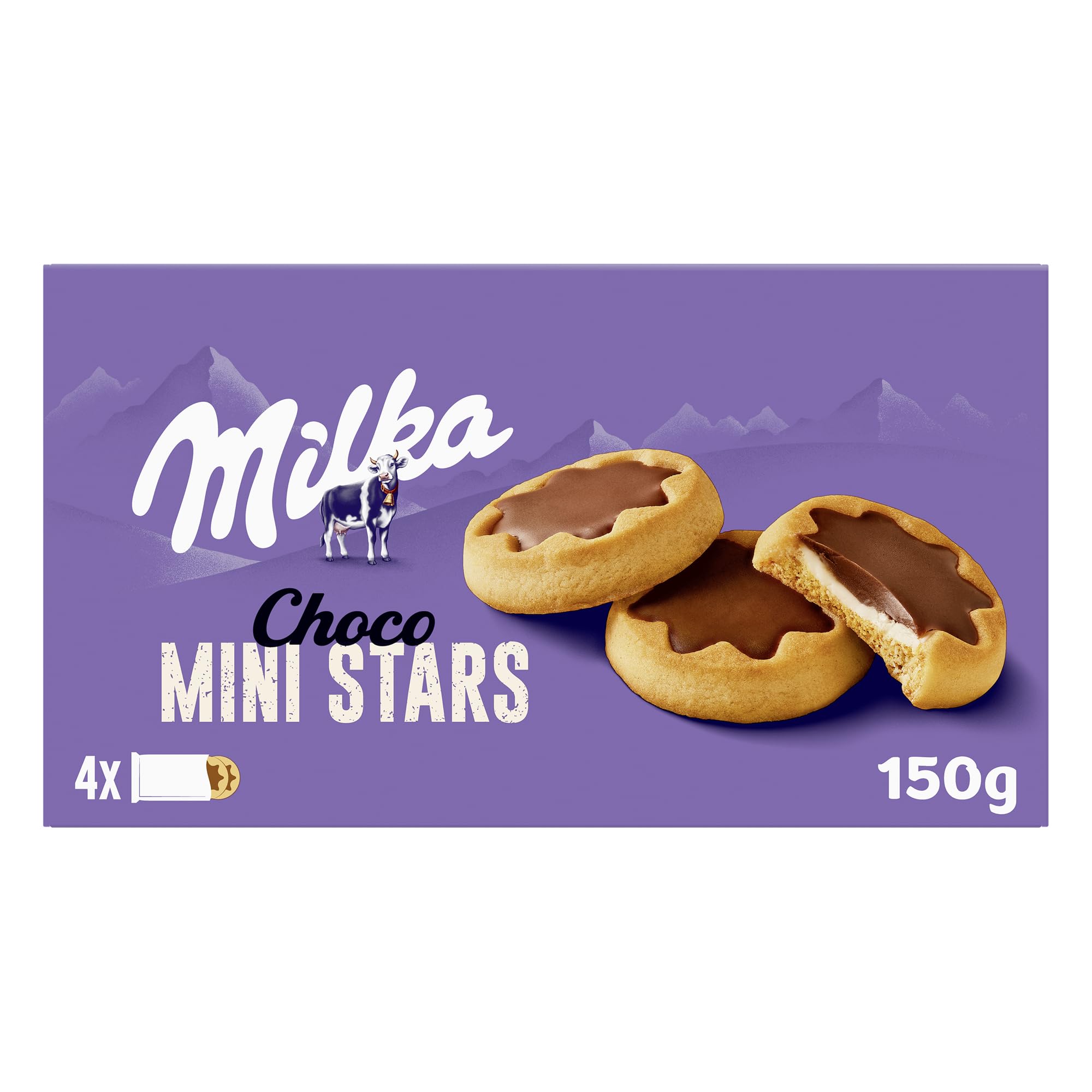 Milka Choco Mini Stars, Galletas en Forma de Estrella con Relleno de Leche y Cubiertas con Chocolate con Leche de los Alpes, 16 paquetes de 150g