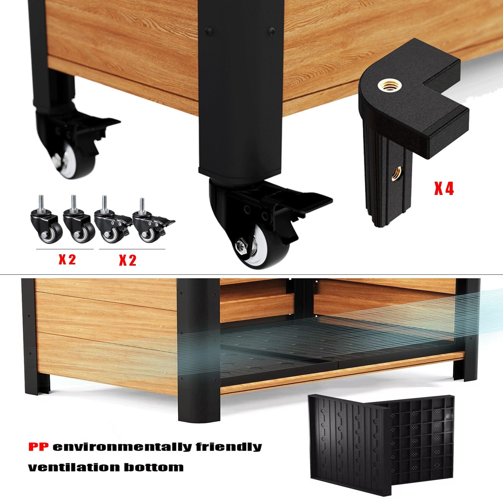 Cama de cultivo rectangular de aluminio para exterior, macetero móvil | Con acabado imitación madera|Rectangular|Esquinas redondeadas|Ideal para verduras, flores y hierbas(L120xW40xH45xD38CM)