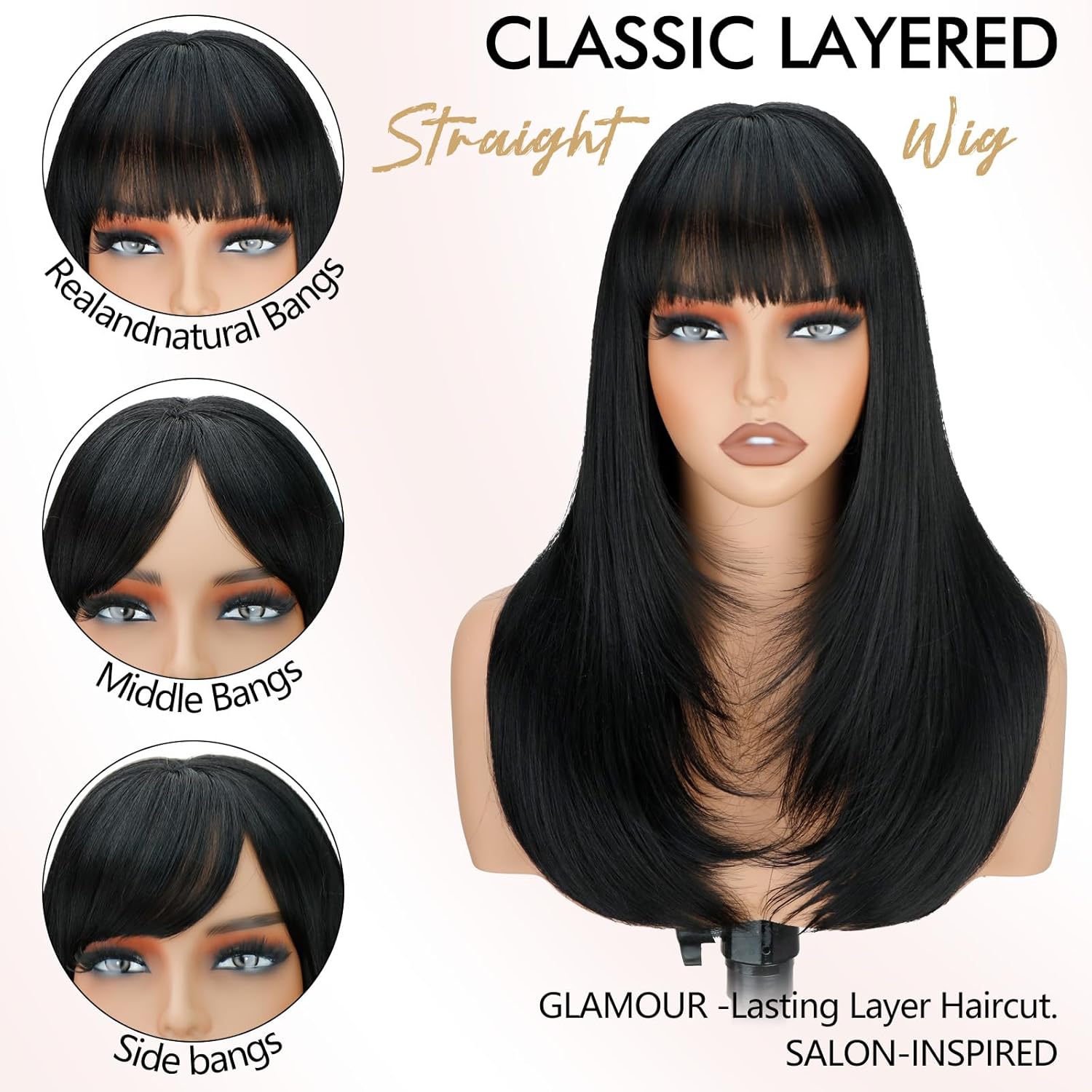 NOSTALGIA Black Straight Layered Wig with Bangs for Women, 4x4 Realistic Scalp, Free Parting, Realistic Natural Looking Heat Resistant Synthetic Wigs for Daily Party Cosplay Use 20Inch