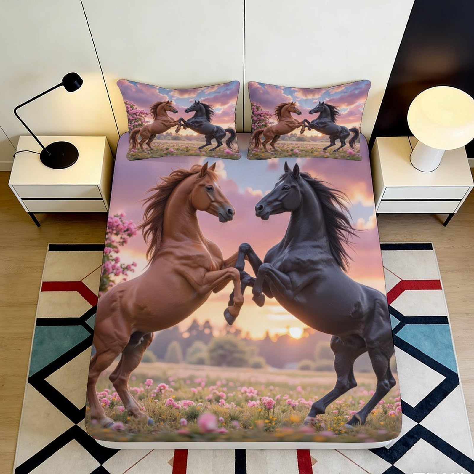 3D Printed Horse Meadow Fitted Sheet Microfiber Soft Anti-Slip Wild Stallion Bed Cover for Bedroom Decor 90x200x25cm